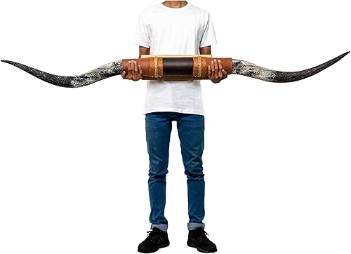 Skull Bliss - Auténtico soporte de cuerno largo de toro auténticocuerno de cuero marrón - Cuernos tallados de direcciónColgantes de pared únicos y