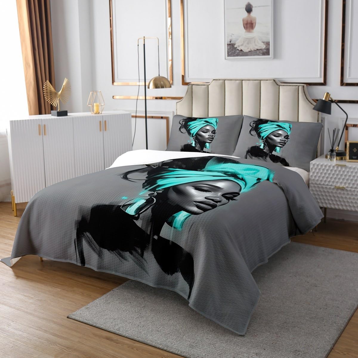 jejeloiu Black Women Bedspread King Size African American Woman Coverlet Set Teens Teal Abstract Quilted Coverlet Breathable Soft Lightweight Modern Room Decor