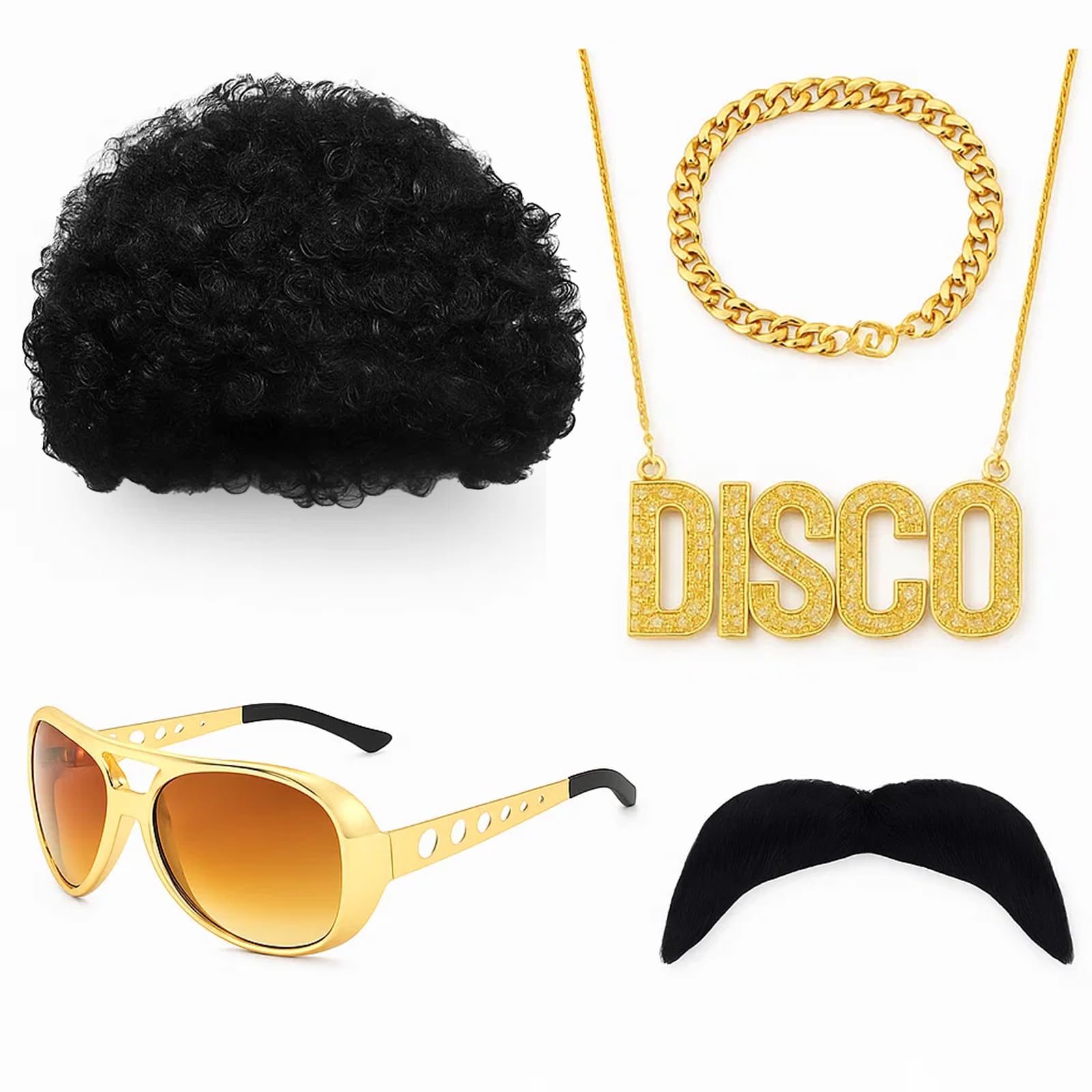YTLSDHF 70s/80s Fancy Dress Men, 5-Piece Disco Hippie Costume Set with Afro Wig,70s Fancy Dress Mens, for Retro Themed Parties, Halloween, Music Festivals, School Celebrations