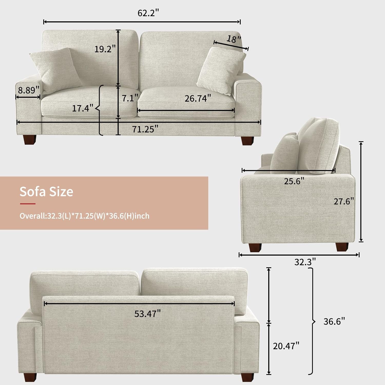 DOPEDIO Modern Loveseat Sofa for Living Room,Chenille Recliner, Removable Cover, Spring Cushions, Solid Wood Frame, Easy Assembly for Small Spaces (71.25inch,Beige) 71.25 inch Beige Chenille