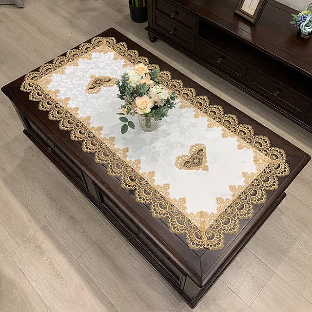 Nappe brodée rectangulaire 60x120cm en dentelle fleurie unie blanche pour table basse HM51G
