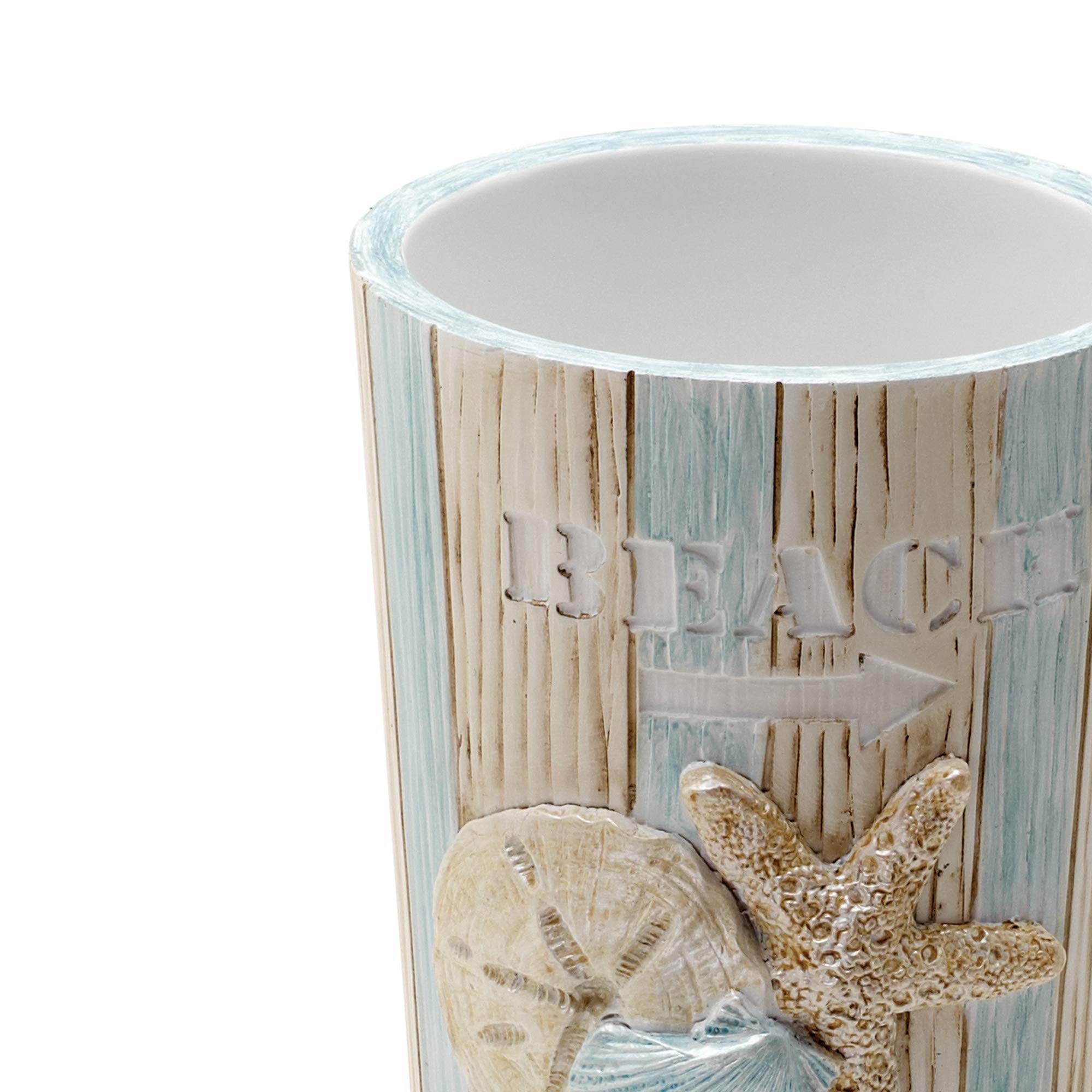 Zenna Home Seaside Serenity Bathroom Tumbler with Carved Resin Design, Cotton Swab Holder or Jewelry Holder for Bathroom Decor with Hand-Painted Shells, Teal/Ivory