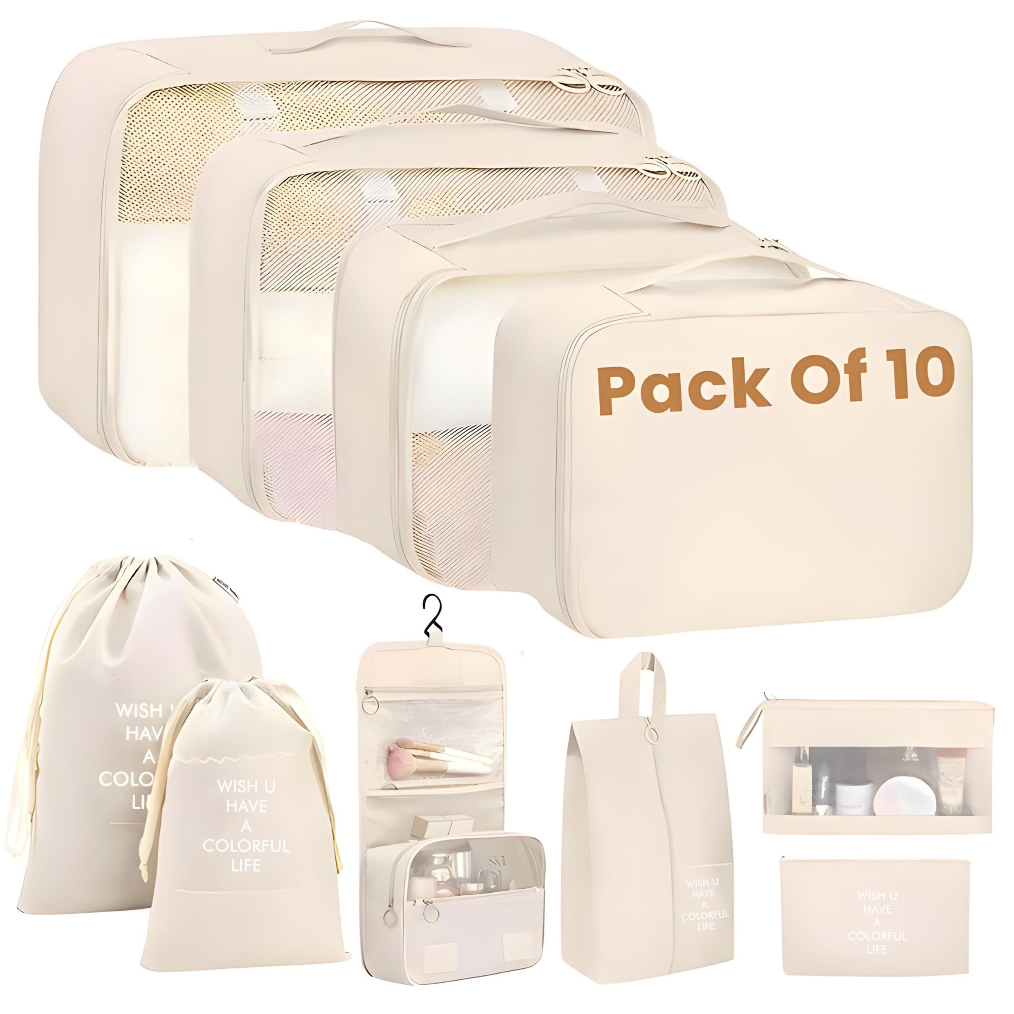 OCEANEVOMesh Set of 10 Pieces Packing Cubes Organiser for Travel,Travel Organizer Bags for Luggage,Suitcase includes 2 Drawstring Bags,Shoe Bag and Toiletry Bag with Hook - Set of 10 - Beige,32x11 cm