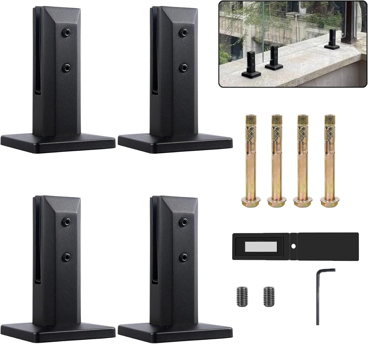 Jvfbjlf 4 Pack Black Heavy Duty Glass Railing Spigot Clip Pool Glass Fence Ground Fixing Bracket (For Glass Deck Stair Handrail Railing)(160Mm)