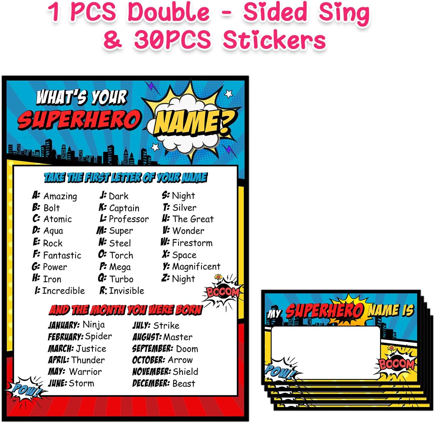 What is Your Superhero Name Game, Game Sign and 30 Cards, Superhero Birthday Party Sign for Boys, Holiday Activity, Kids Superhero Activity Cards, Superhero Activity Decoration Supplies
