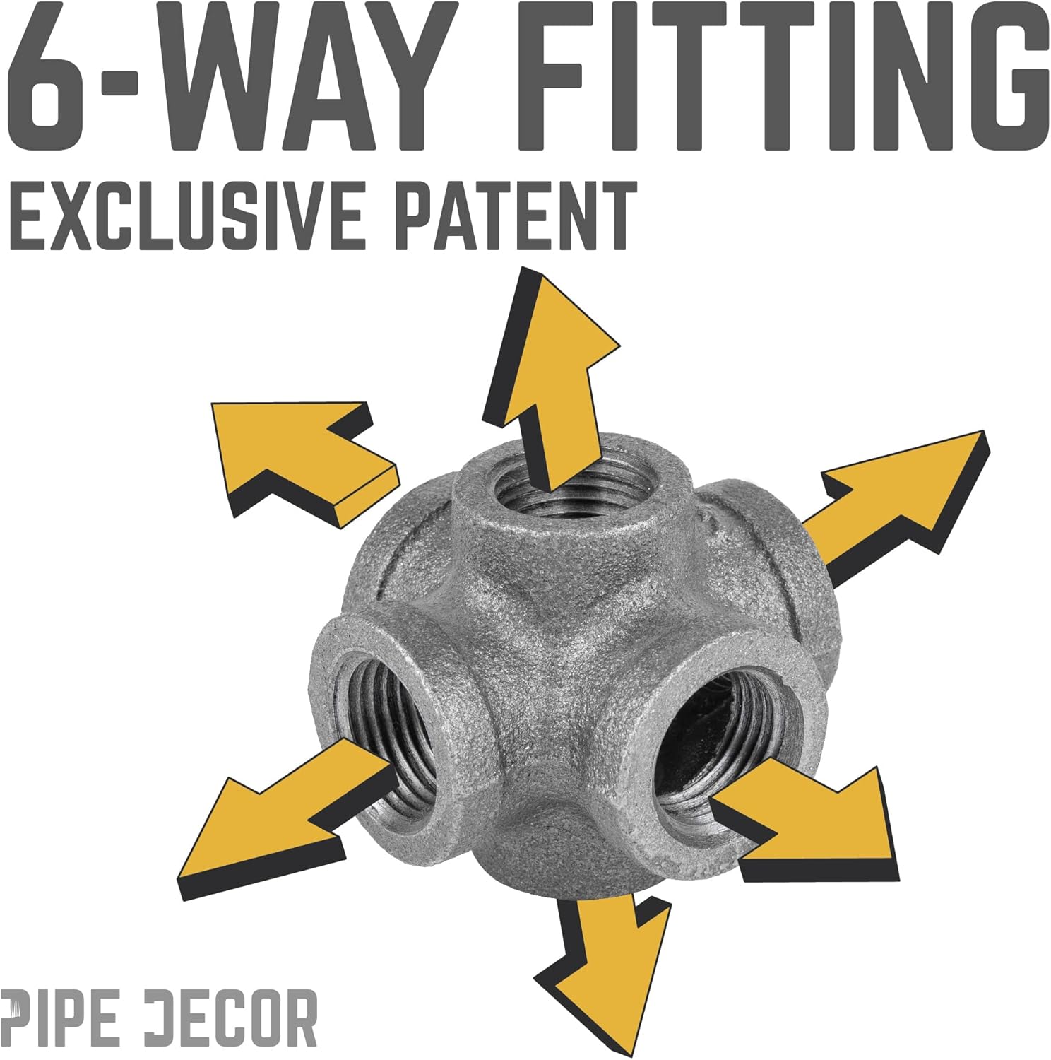1/2" 6-way Cross Fitting, PIPE DECOR Black Malleable Iron Fittings Fit Standard 1/2 Inch Pipes, Nipples and Fittings, Build Vintage DIY Furniture, 4 Pack