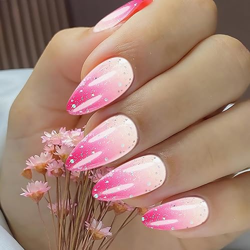 Miniatura 4 de RIMUDECURE Uñas postizas a presión de gelatina rosa brillante, hechas a mano, serie de uñas postizas con forma de almendra mediana, con purpurina,