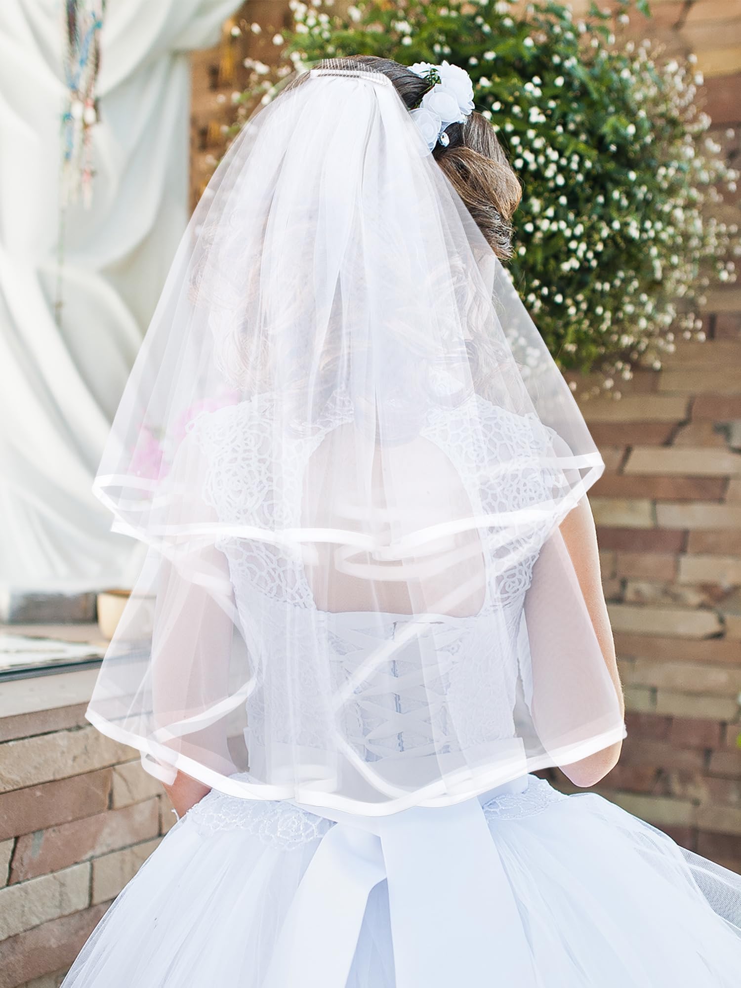 Geyoga 2 Pcs First Holy Communion Veil and Gloves Set 1st Holy Communion Accessories for Girls Wedding Party Costume (4-8 Years) White