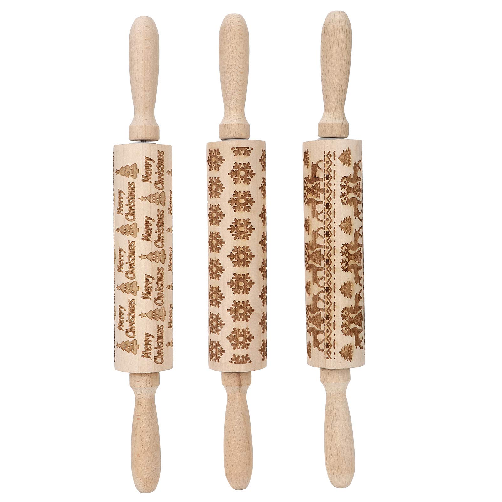 Dekaim Rolling Pin 3Pcs Christmas Embossing Wooden Rolling Pin Dough Roller for Cookies Biscuits Baking Kitchen Tool(Type 1)