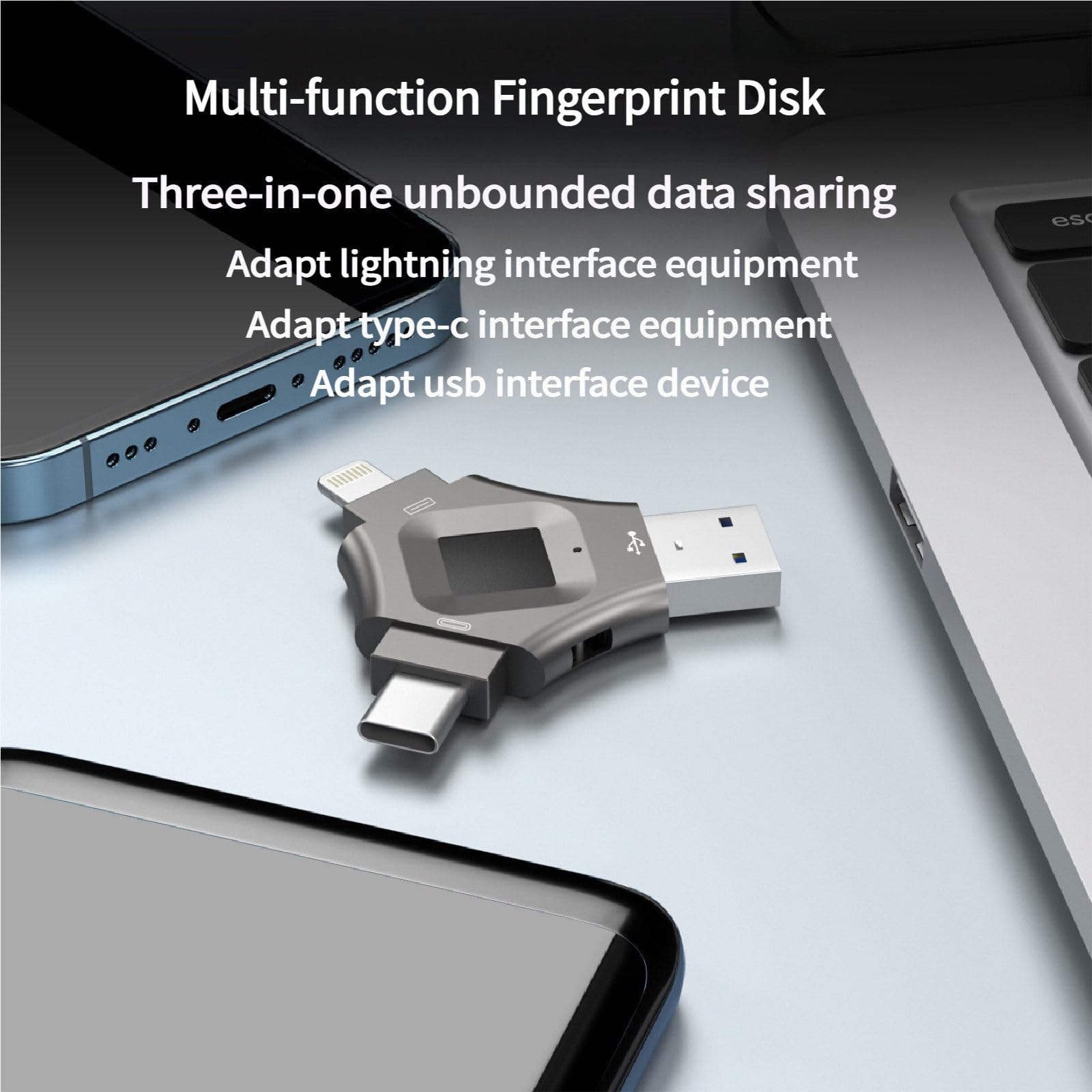 Chiavetta USB 3 in 1 con crittografia Hardware e Impronta Digitale, Design Girevole ad Alta velocità, Grande capacità per Computer e archiviazione Dati Esterna 128GB