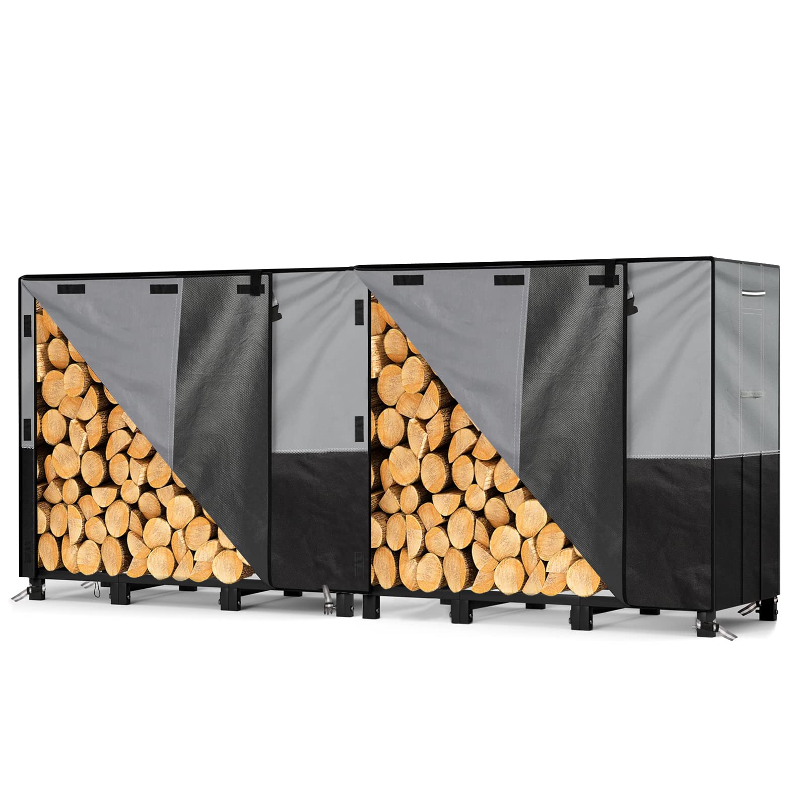 GREENER 8ft firewood rack cover 600D oxford fabric heavy duty waterproof wood rack cover for firewood,weather protection PVC coating log rack cover for outdoor&indoor firewood cover(96*24*42",grey)