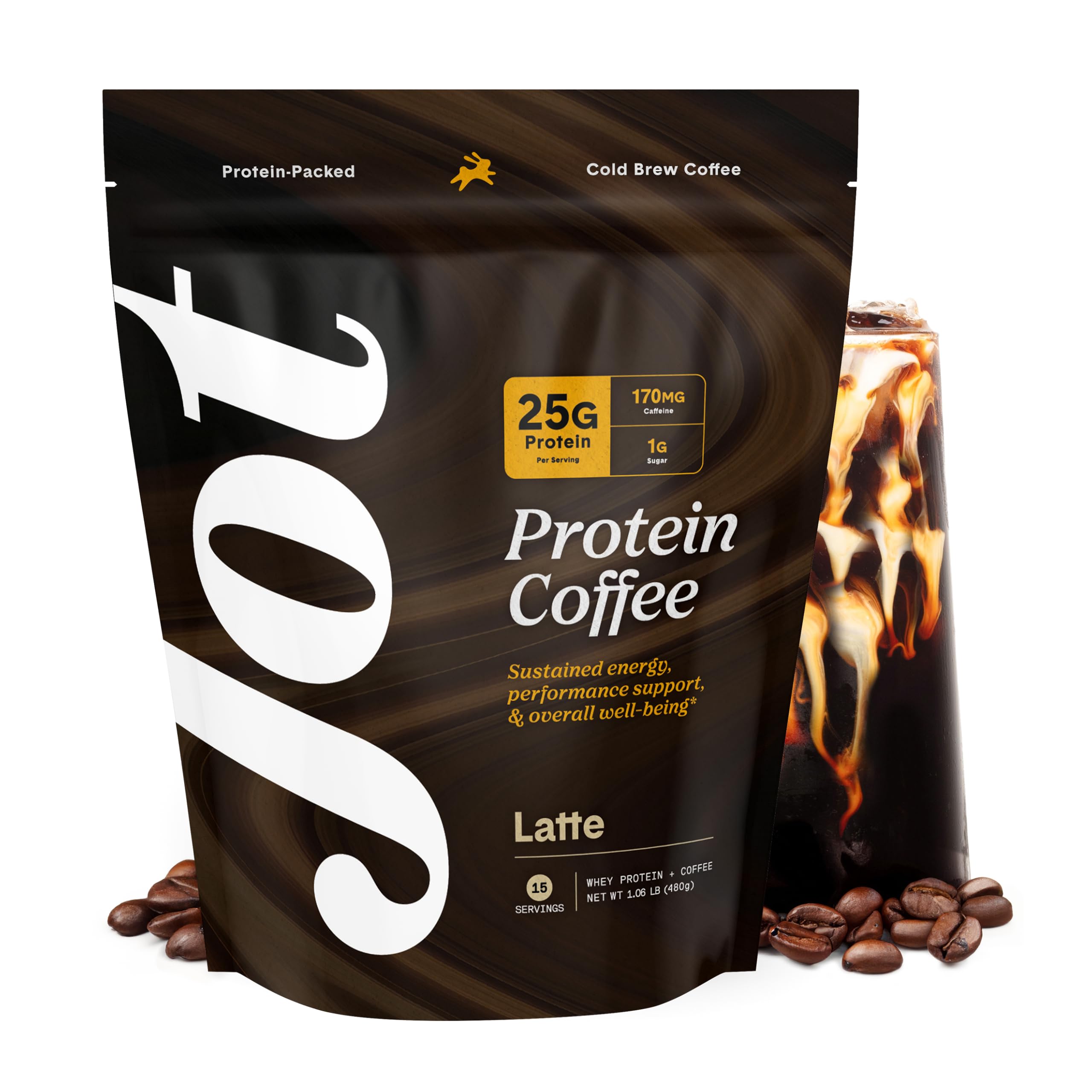 Jot Protein Iced Coffee – 25g Grass-Fed Whey, Only 4 Ingredients – 170mg Caffeine, 1g Sugar, No Artificial Sweeteners – Mix with Water, Milk or Smoothie – Original Latte (15 Servings)