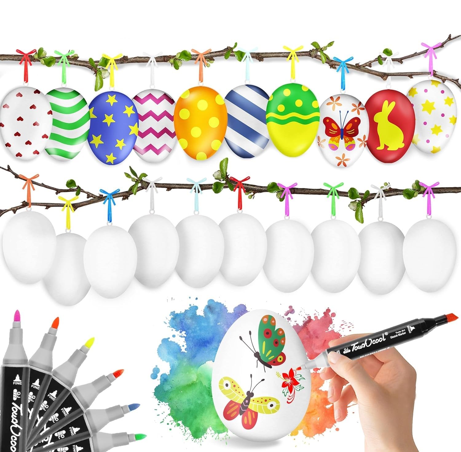 Jusialii Ostereier zum Aufhängen, 24pcs Ostereier Bemalen, Ostern Basteln Kinder, Ostergeschenke Kinder,Ideal Osterdeko für Draußen | Eier zum Bemalen für Osterdekoration