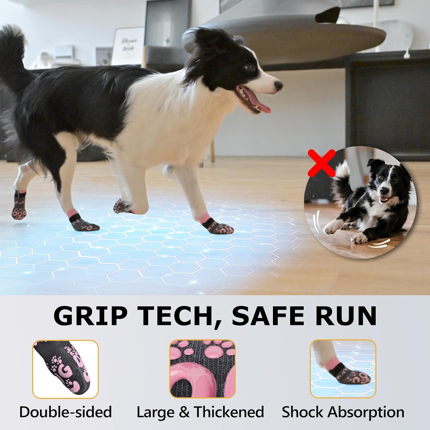 Dog Booties for Hardwood Floors - Double Side Dog Socks with Grippers, Anti Slip Dogs Socks, No Twist Paw Protectors for Dogs Hot Pavement, Dark Grey and Pink, S