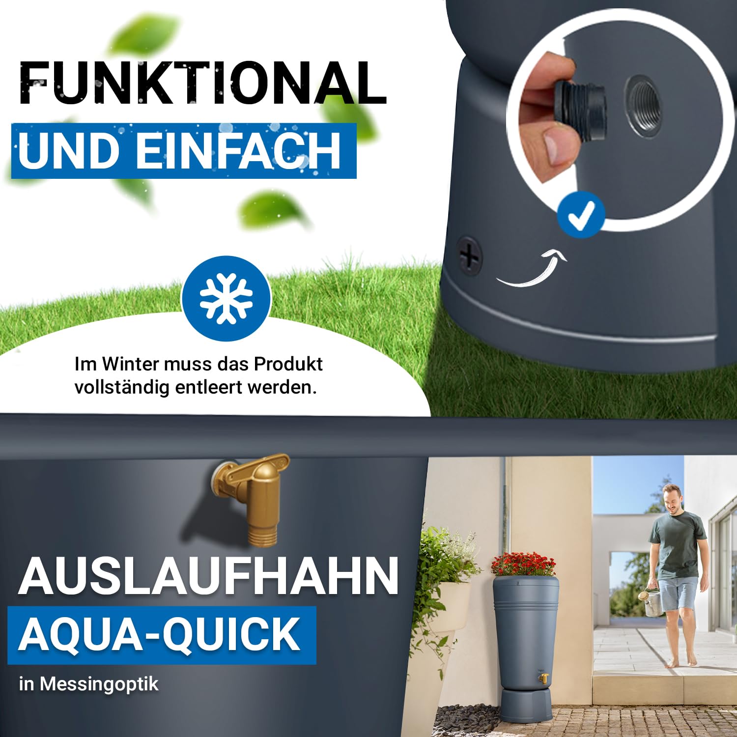 4rain Azura 2in1 Regentonne 120 Liter Graphite Grey inkl. Pflanzschale | und Unterstand, Regenfass mit Hahn, schmale Regenwassertonne in anthrazit, moderner Wassertank für den Garten als Wasserfass