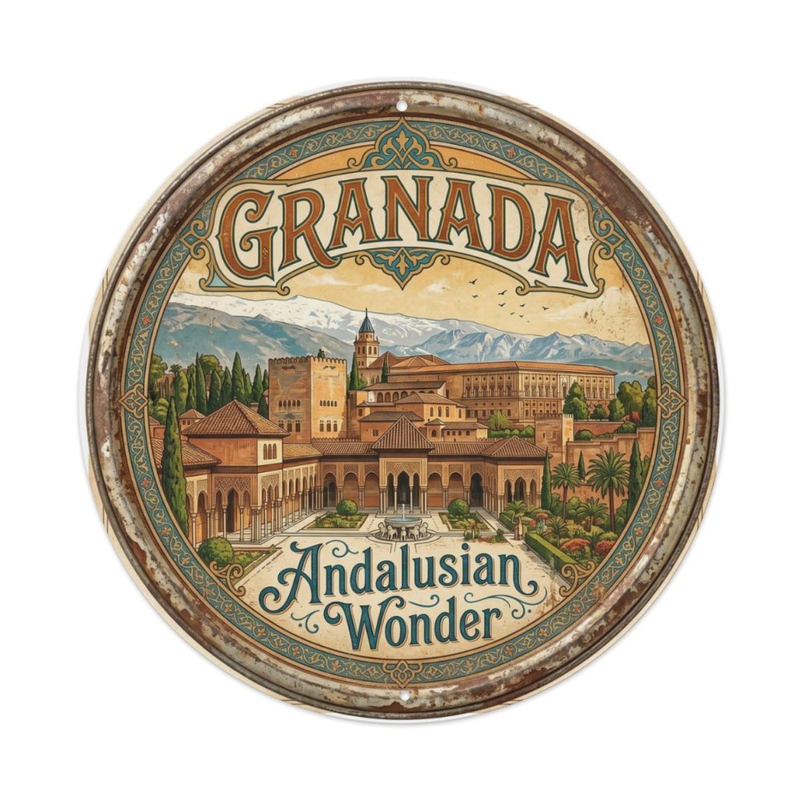 Vintage Travel Alhambra Moorish Splendor Metal Tin Sign Plaque Wall Decor for Cafe, Club, Garden Round Metal Poster 8x8Inch