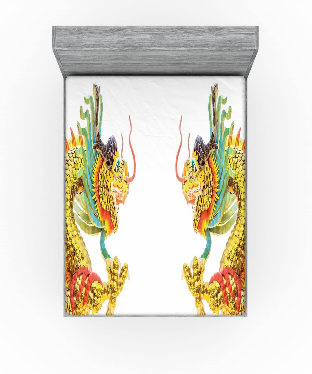 Ambesonne Eastern 2 Pack Fitted Sheet, Dragon Oriental Culture, Bed Cover All-Round Elastic Deep Pockets 2 Pieces, Package Contains 2 Queen Size Fitted Sheets, Green Mustard