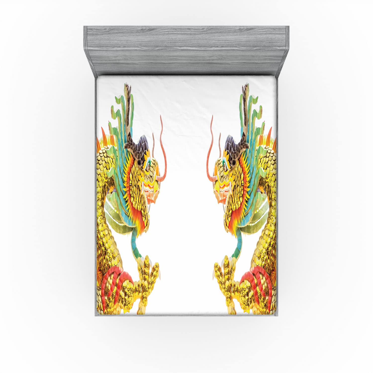 Ambesonne Eastern 2 Pack Fitted Sheet, Dragon Oriental Culture, Bed Cover All-Round Elastic Deep Pockets 2 Pieces, Package Contains 2 Full Size Fitted Sheets, Green Mustard