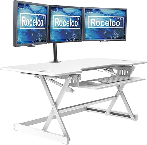 Miniatura 2 de Rocelco - Convertidor grande de escritorio para trabajar de pie con altura ajustable de 46 pulgadas con paquete de soporte para monitor triple -