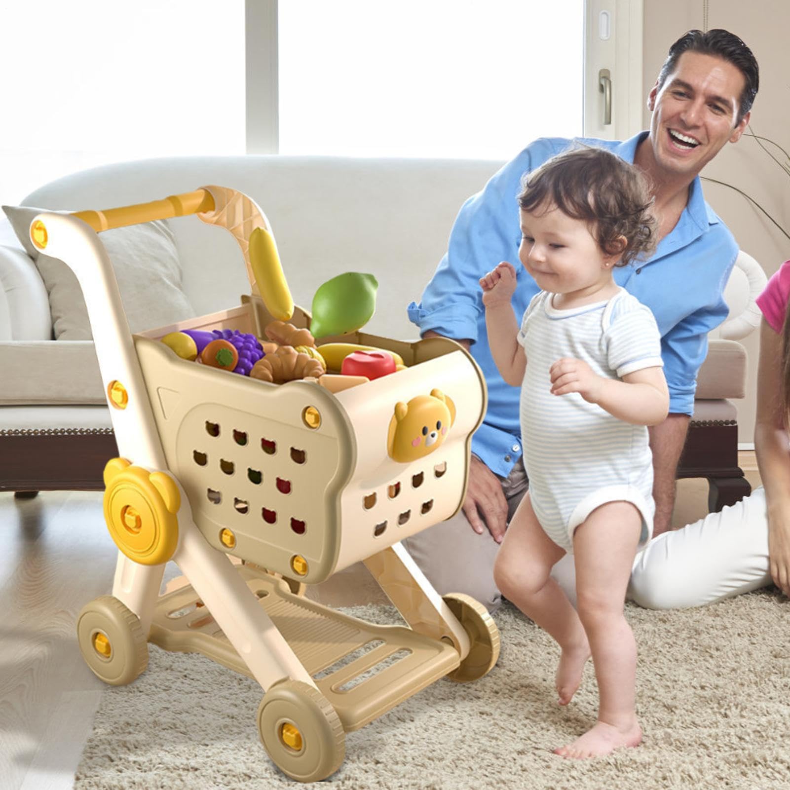 Carrito De Compras Infantil Juego Simbólico Frutas Verduras Falsas Andador | Carrito Infantil Supermercado Juguete Imitación Actividades Preescolares, Regalo Cumpleaños, Diversión