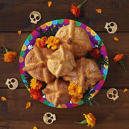 Miniatura 7 de Kit de suministros para fiesta del Día de los Muertos, incluye platos llanos de calavera de azúcar, platos de postre, servilletas, decoraciones de