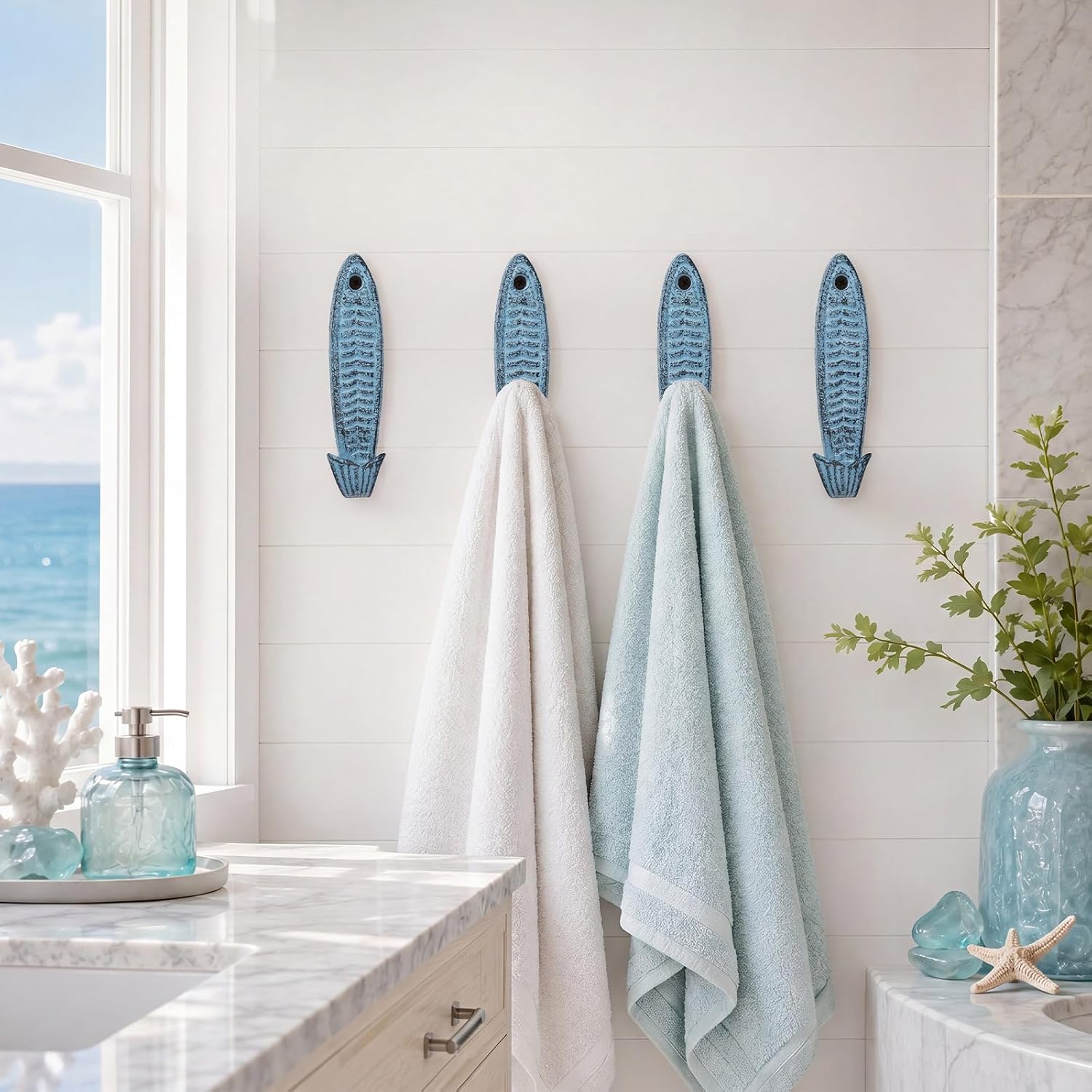 4 Pack 5" Cast Iron Blue Fish Shaped Nautical Towel Hooks