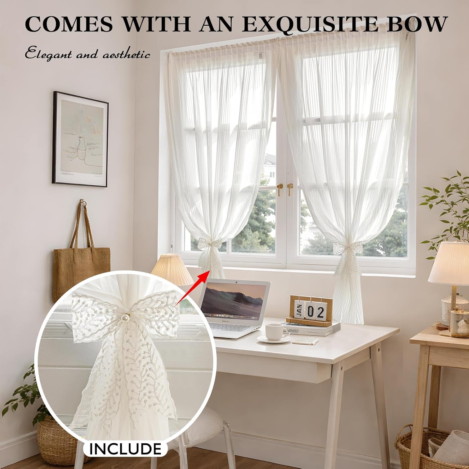 Jilron Self Adhesive Curtains Easy Install Sheer Window Curtains, Light Filtering Privacy Window Screen, No Drilling for Rental Apartment-White(W 39*L 63in)