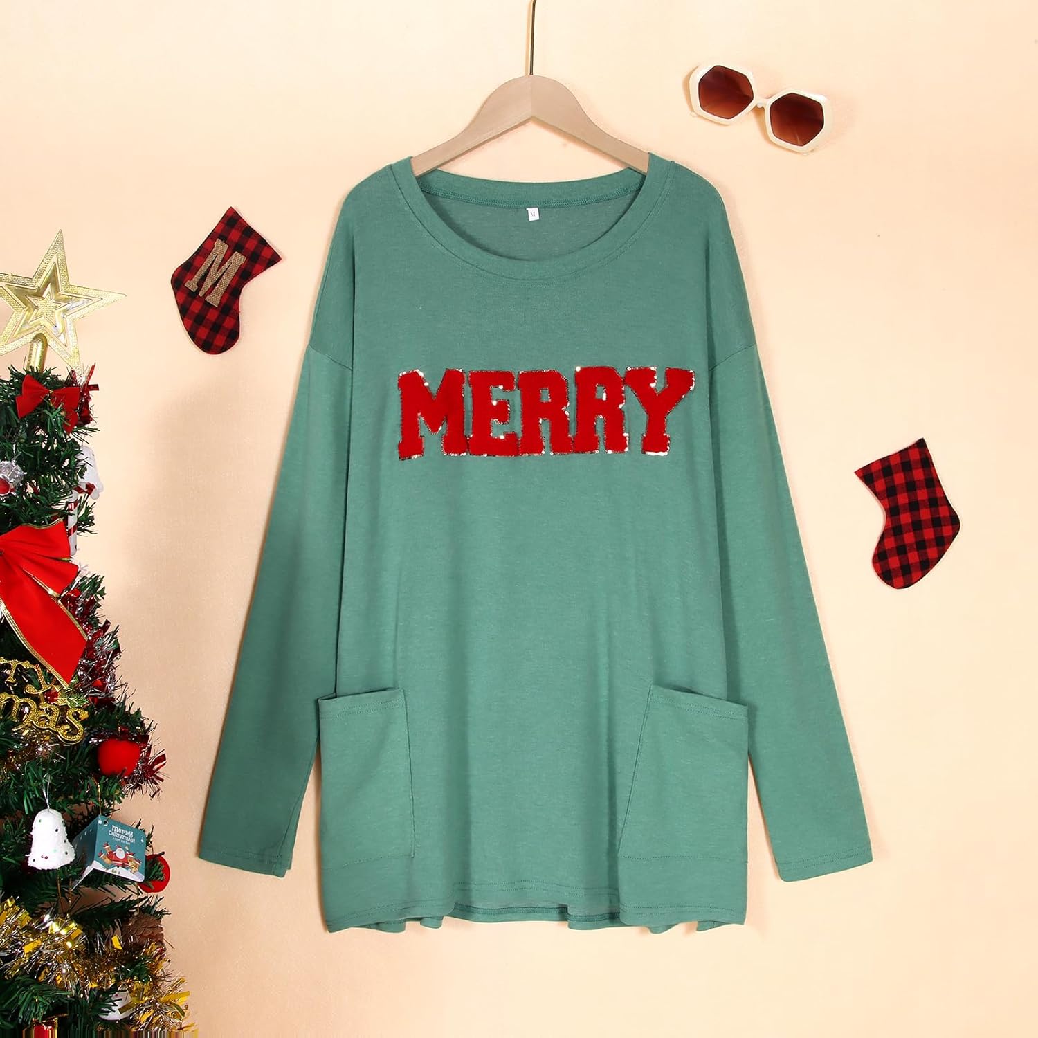 CM C&M WODRO Women Merry Christmas Shirts Long Sleeve Glitter Patch Tunic Top Xmas Pullover Blouse Holiday Outfit with Pocket - Image 5