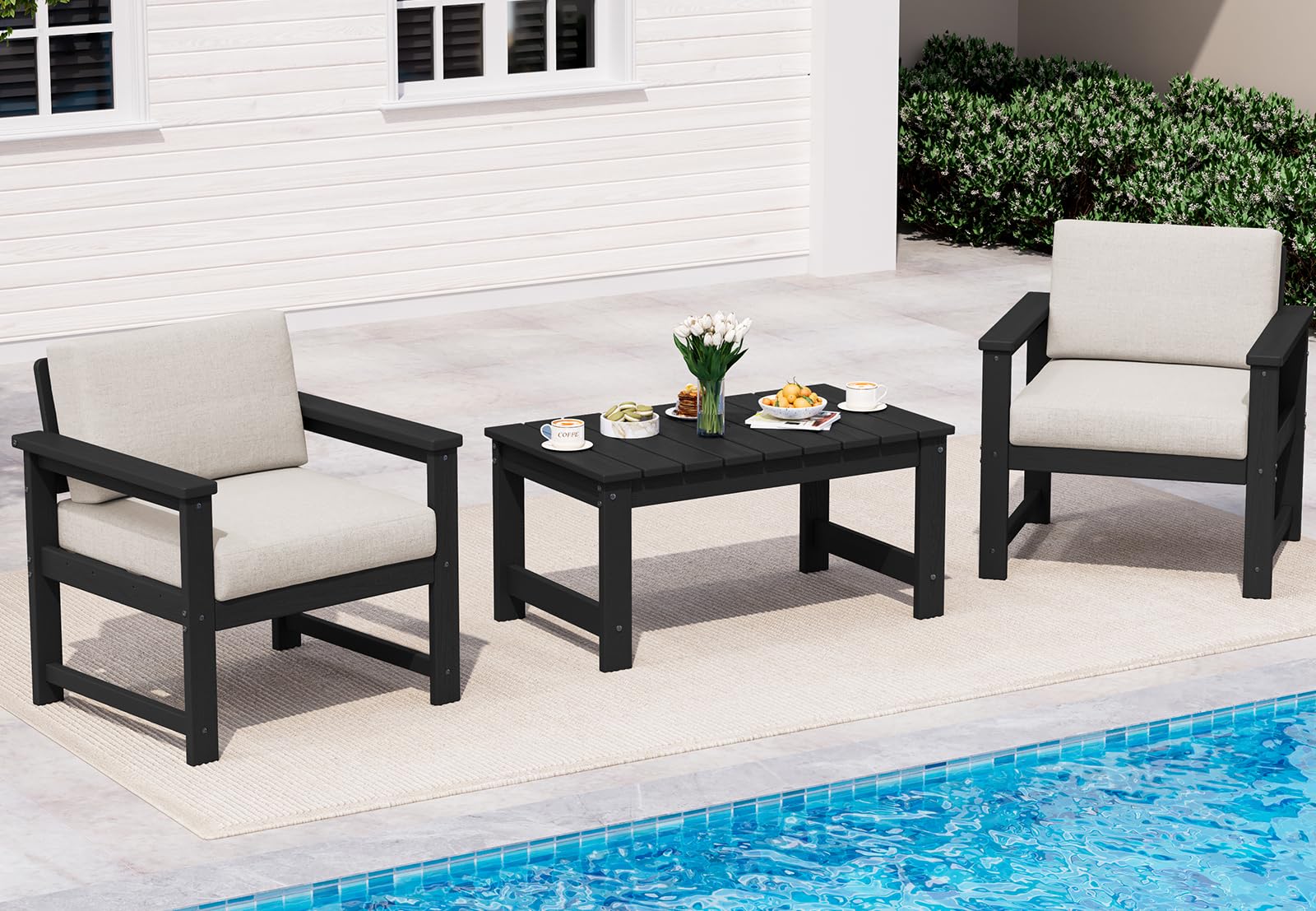 SERWALL 3 Pieces HDPE Outdoor Sofa Bistro Set with Cushions &amp; Coffee Table