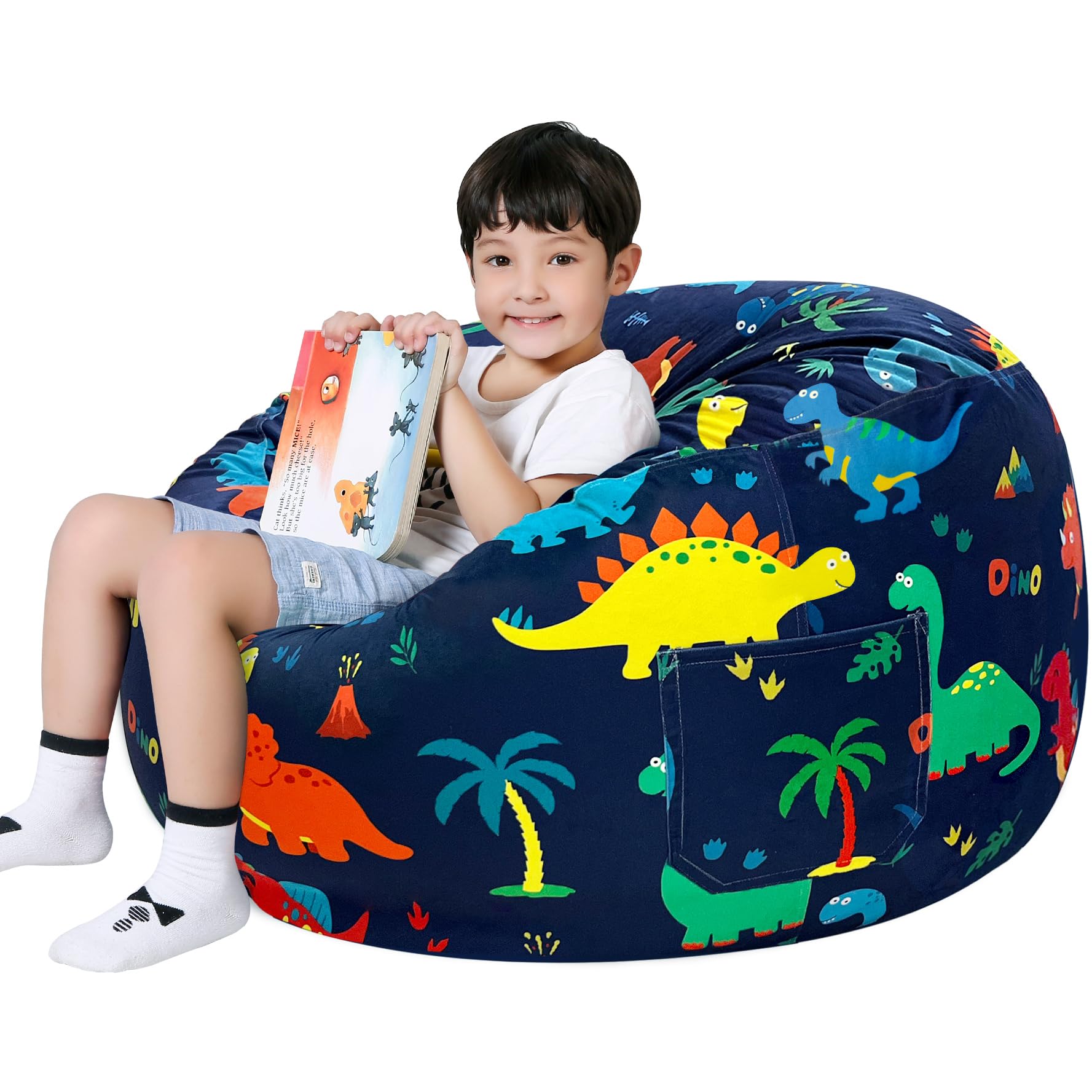 Lukeight Dinosaur Stuffed Animal Storage Bean Bag Chair Cover - Premium Velvet Organizer with YKK Zipper Holds 60+ Plush Toys, Washable Kids Room Decor (No Filling, Large)