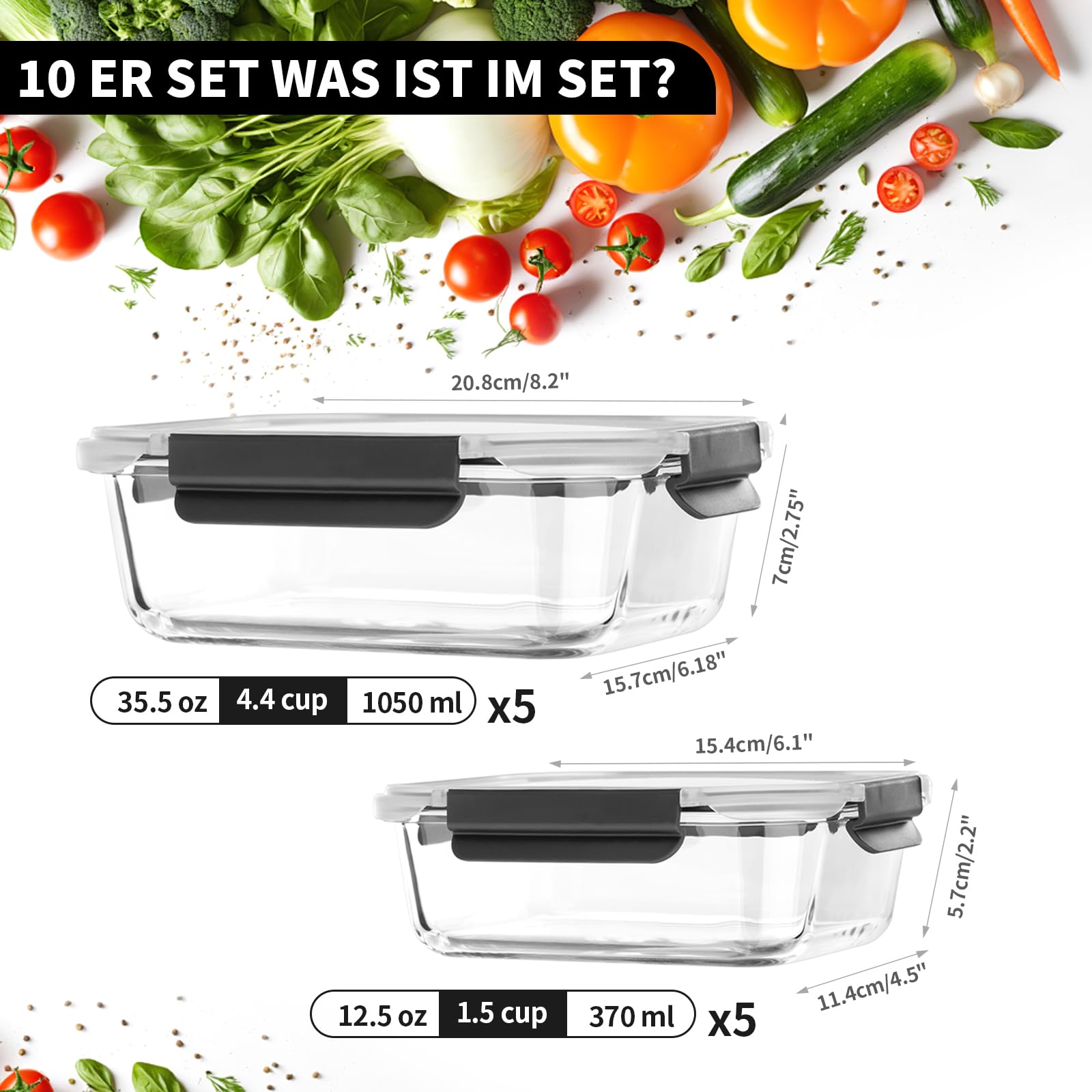 Juego de recipientes de cristal con tapa, 20 piezas (10 recipientes, 10 tapas), aptos para lavavajillas, microondas y congelador, a prueba de fugas, modernos, recipientes para alimentos, recipientes