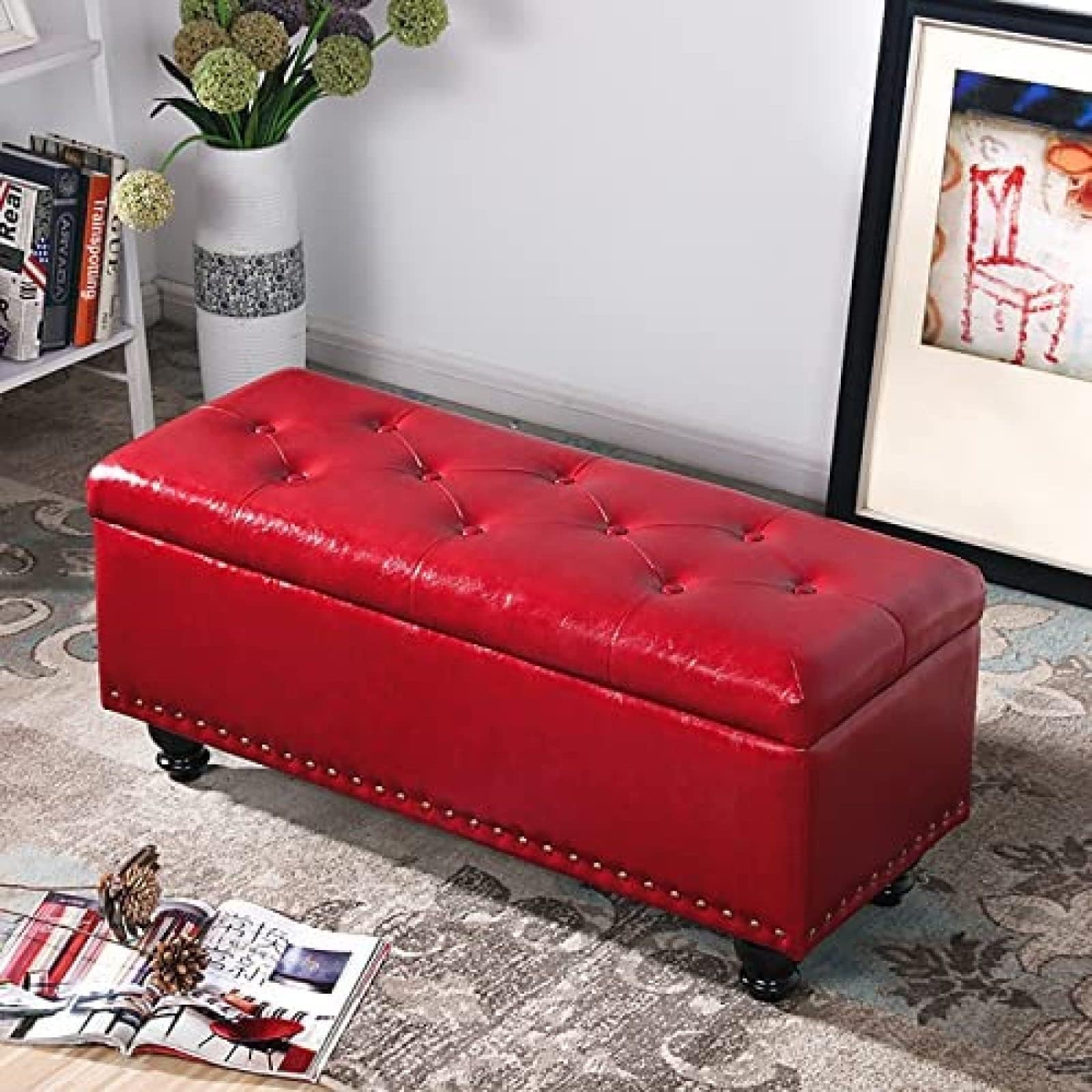 Faux Leather Storage & Coffee Table, Rectangular Bench with Wood Legs, Black & Wine Red, Space-Saving Storage Solution, 100x40x43cm & 60x40x43cm