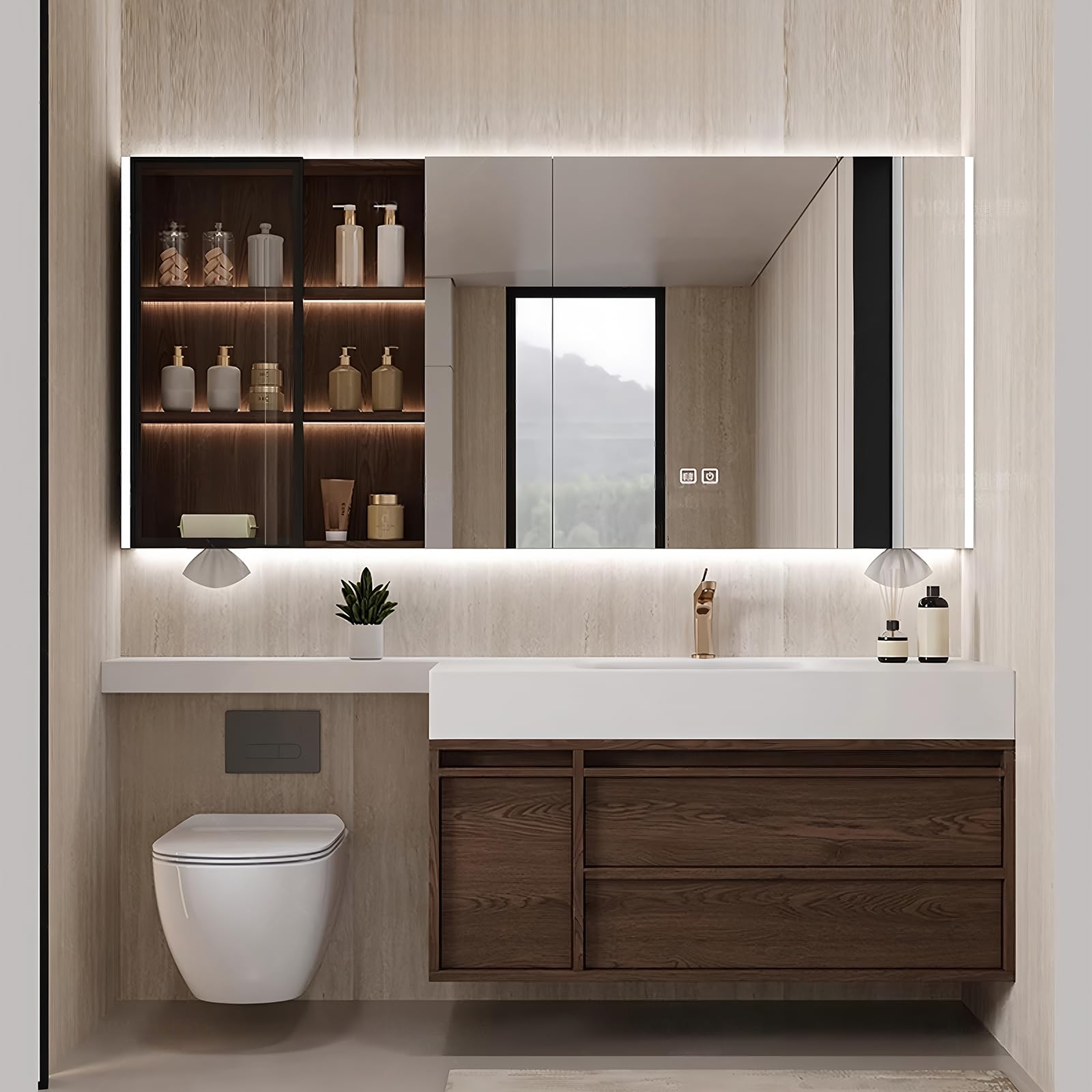 - 100" Bathroom Vanity with Sink, Solid Wood Vanities Set with LED Smart Mirror Cabinet and Glass Side Cabinet, Floating Bathroom Vanity with Extended Desktop Board and Drawers Storage (Walnut)