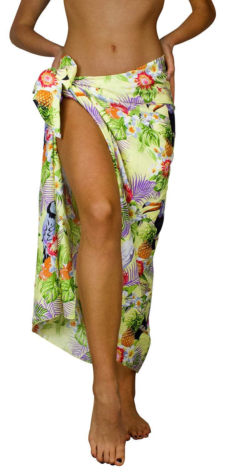 King Kameha Hawaii Sarong Pareo de playa para mujer Funky Casual Bikini Cover Up vestido de playa con estampado de papagayo Sarong - Papagayo de cacatúa, color amarillo claro Large