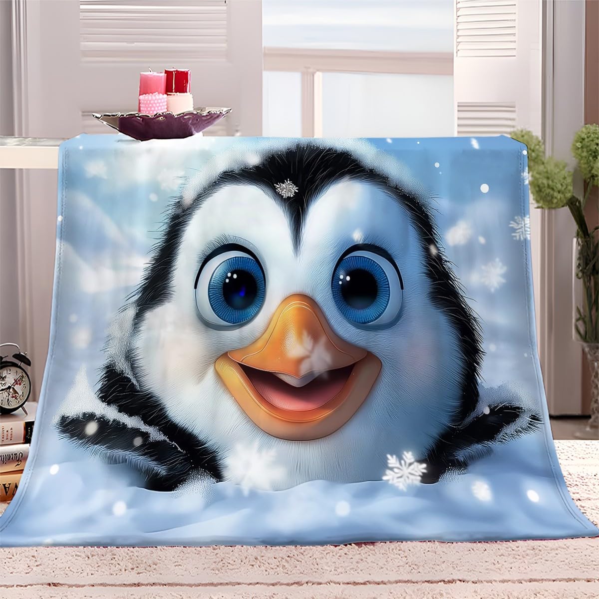 Plaid pingouin dessin animé flanelle sherpa 130x150cm douillet