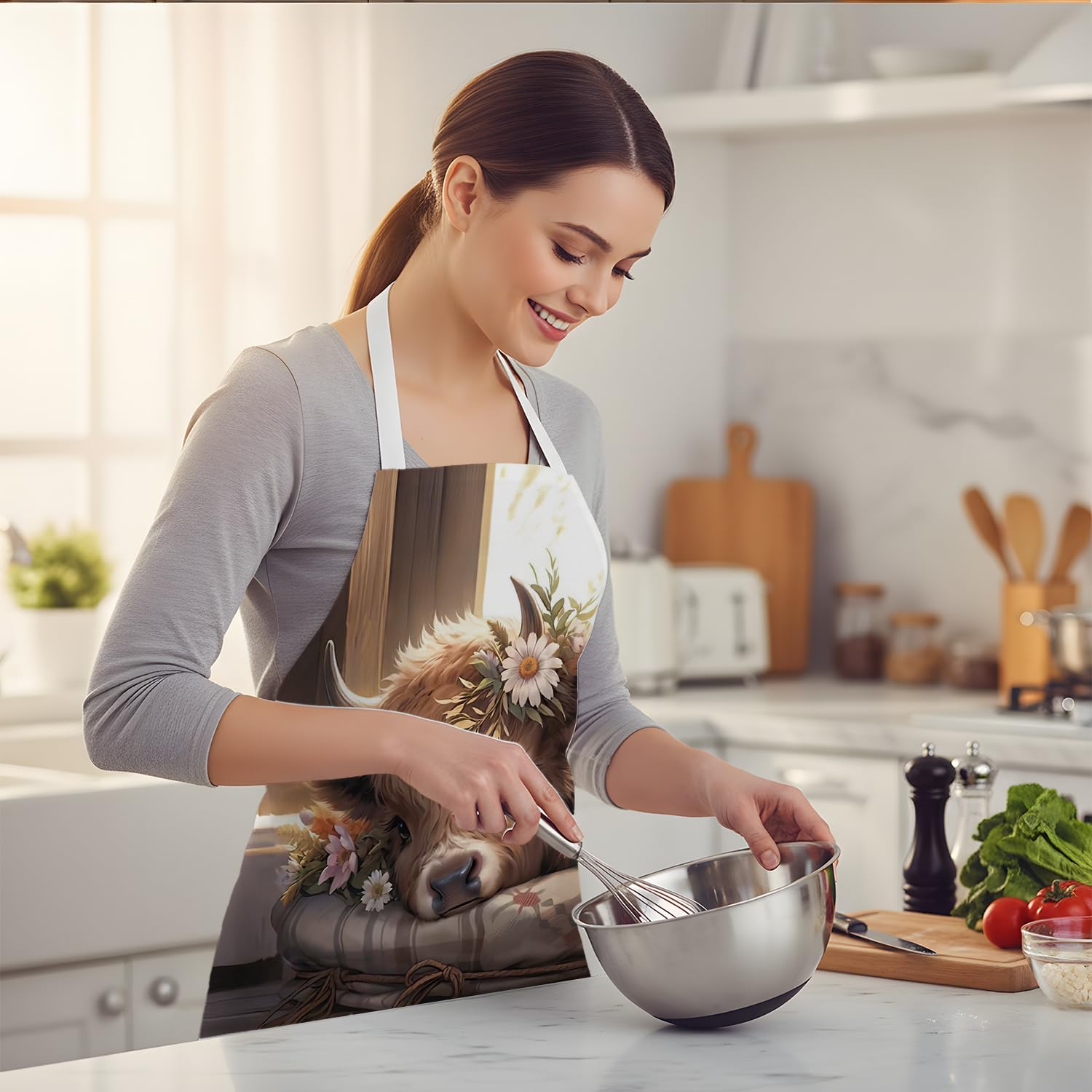 Farmhouse Highland Cow Aprons for Women, Gifts for Highland Cow Lovers, Rustic Floral Cute Heifer Waterproof Bib Apron for Cooking Kitchen Dishwashing Baking Grill - Image 5