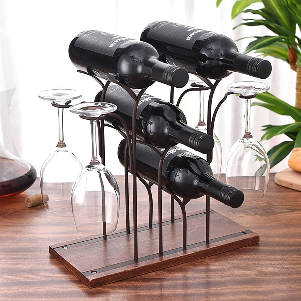 Tabletop Wood Freestanding Wine Holder Hold 4 Wine Bottles and 4 Glasses Wine Storage Shelf for Kitchen Bar Pantry Wine Cellar Basement