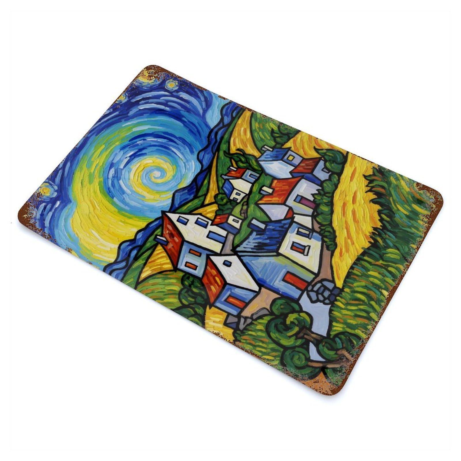 Stylized Village Landscape Painting Retro Metal Sign 11.8"x7.9", Vintage Wall Decor for Garage, Pub Or Kitchen