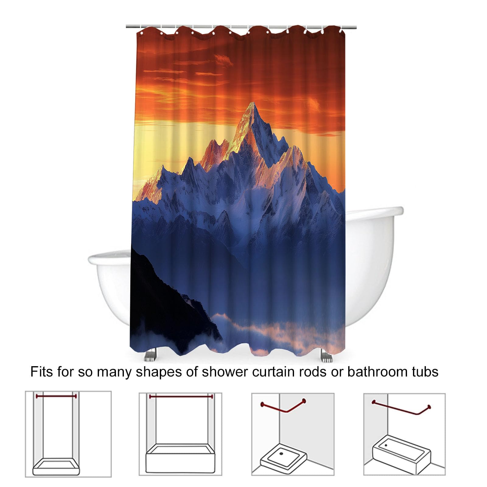 Duschvorhang 240x200cm Polyester Textil mit Natur Sonnenaufgang Muster,Waschbar duschvorhänge,Gebirge Wasserdicht und Schnell Trocknend badevorhänge mit 12 Hake
