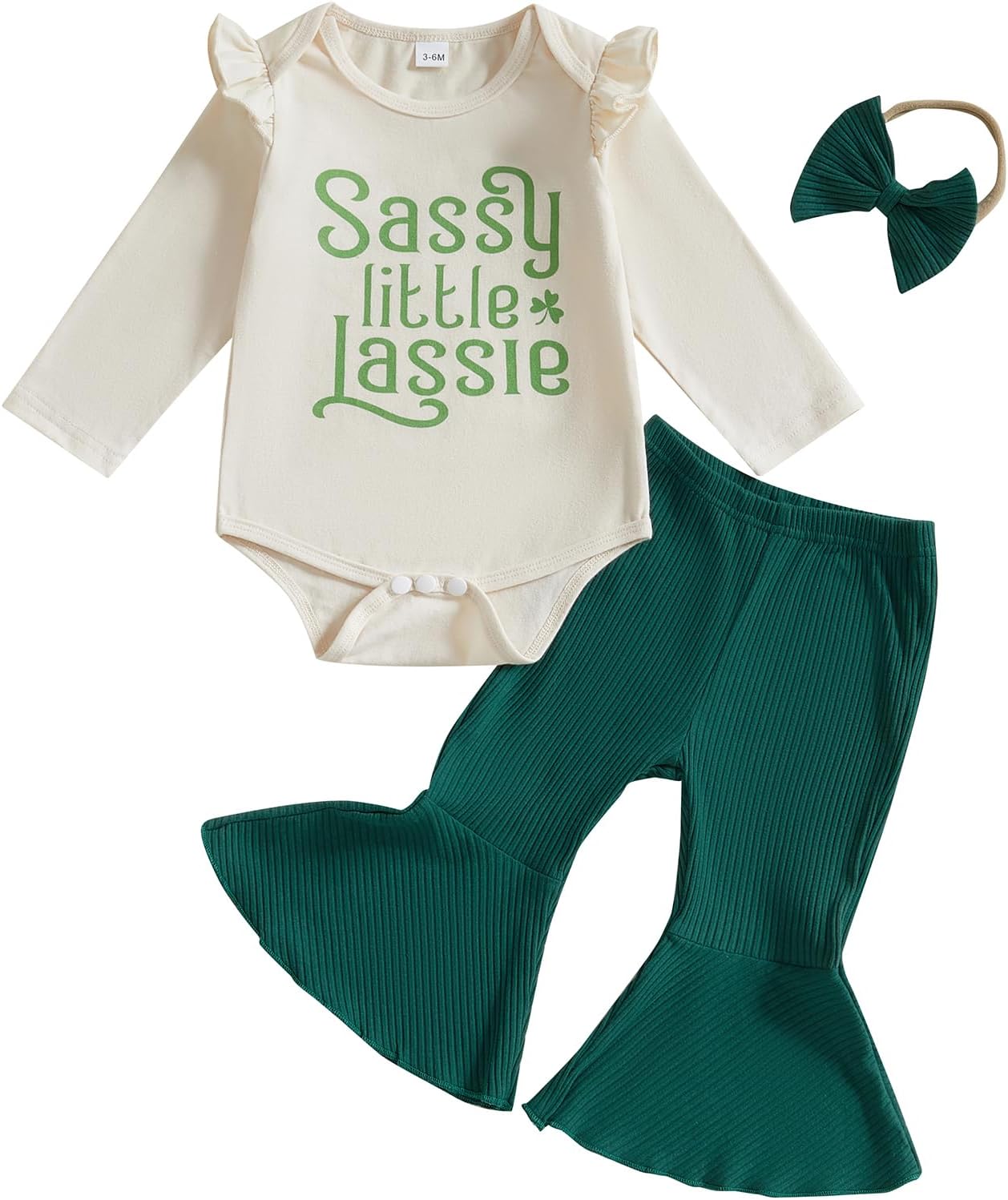 Karuedoo Newborn Baby Girl St Patricks Day Outfit Letter Print Long Sleeve Romper Ribbed Knit Flared Pants Headband 3Pcs Set