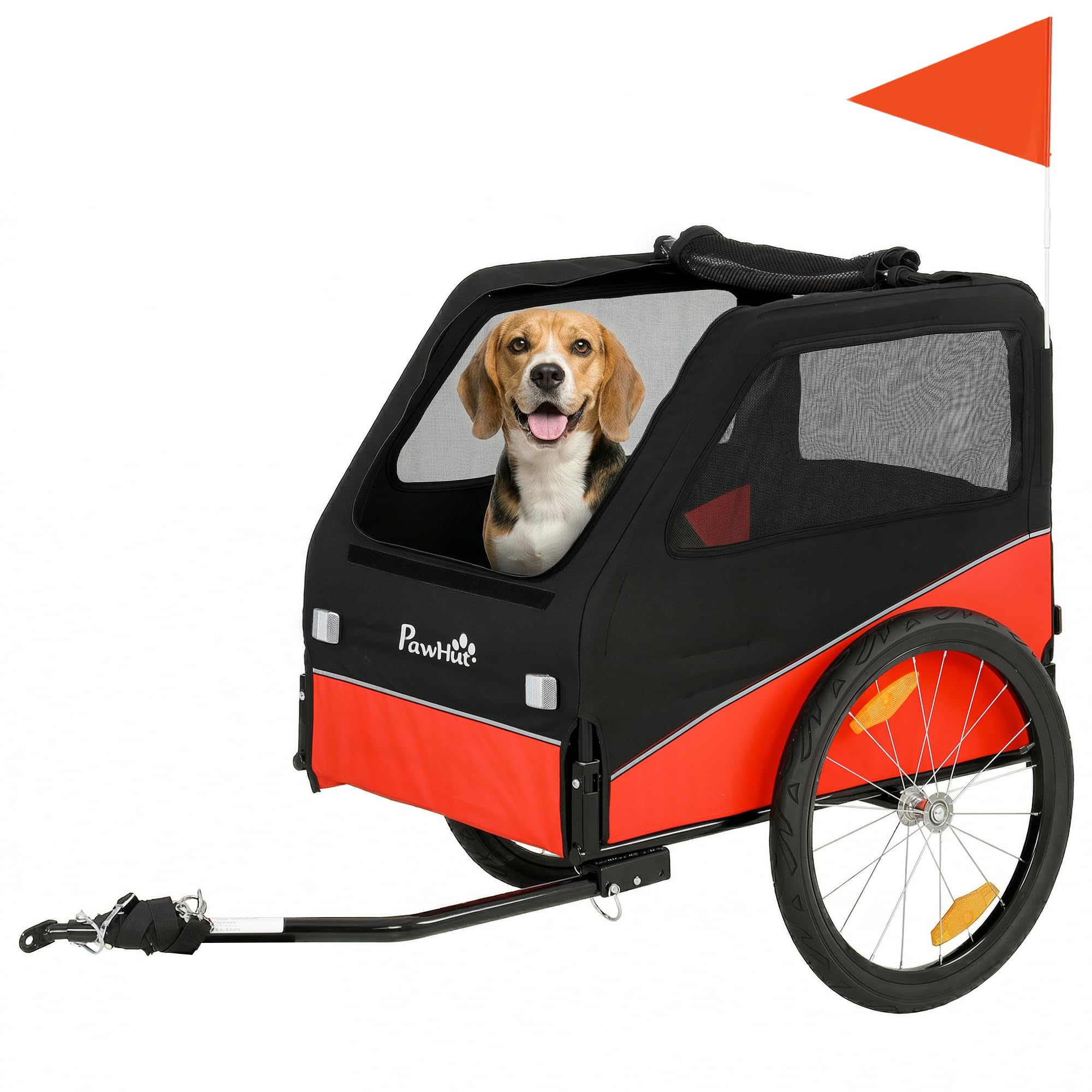 PawHut Dog Bike Trailer, Pet Cart Bicycle Carrier for Small and Medium Pets with 20" Inflatable Rubber Wheels, Universal Bicycle Coupler, Reflectors, Flag, Internal Leash, Support Up to 20kg, Red