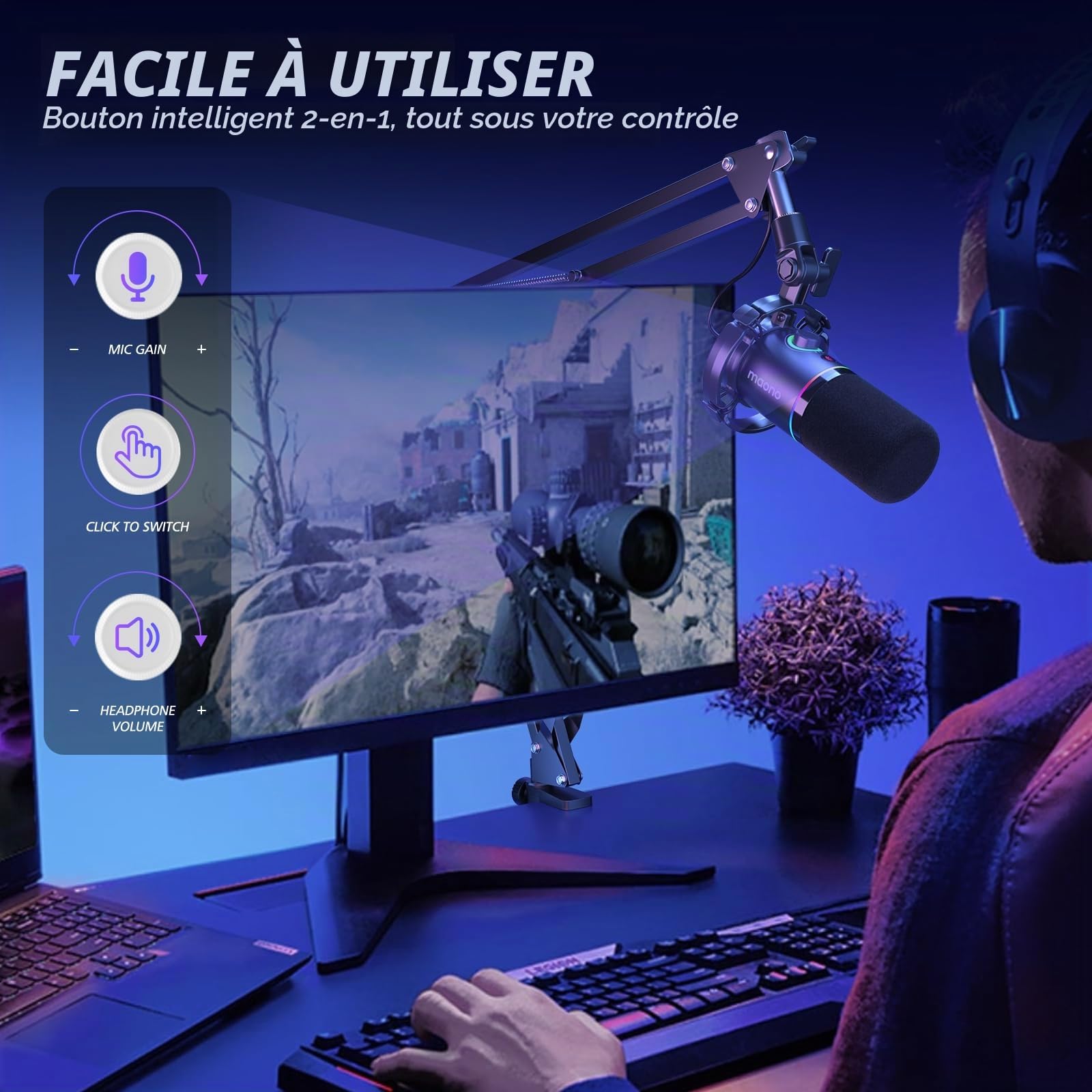 MAONO XLR-USB Dynamiques Micro Kit, PC Podcast Micro avec Bras, Logiciel, Mute, Bouton de Gain, Contrôle du Volume, Microphone pour Streaming, Gaming, PS4-PS5, Doublage, Enregistrement (PD200XS Noir)