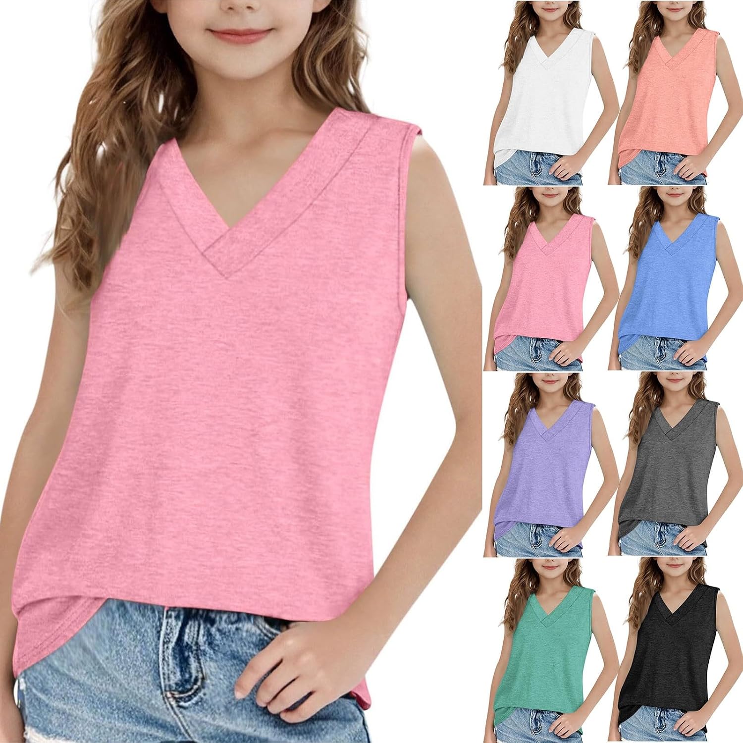 Girls V Neck Tank Tops Cotton Sleeveless T-Shirt Elegant Tunic Blouse Oversized Tees Solid Athletic T-Shirt Trendy Tops