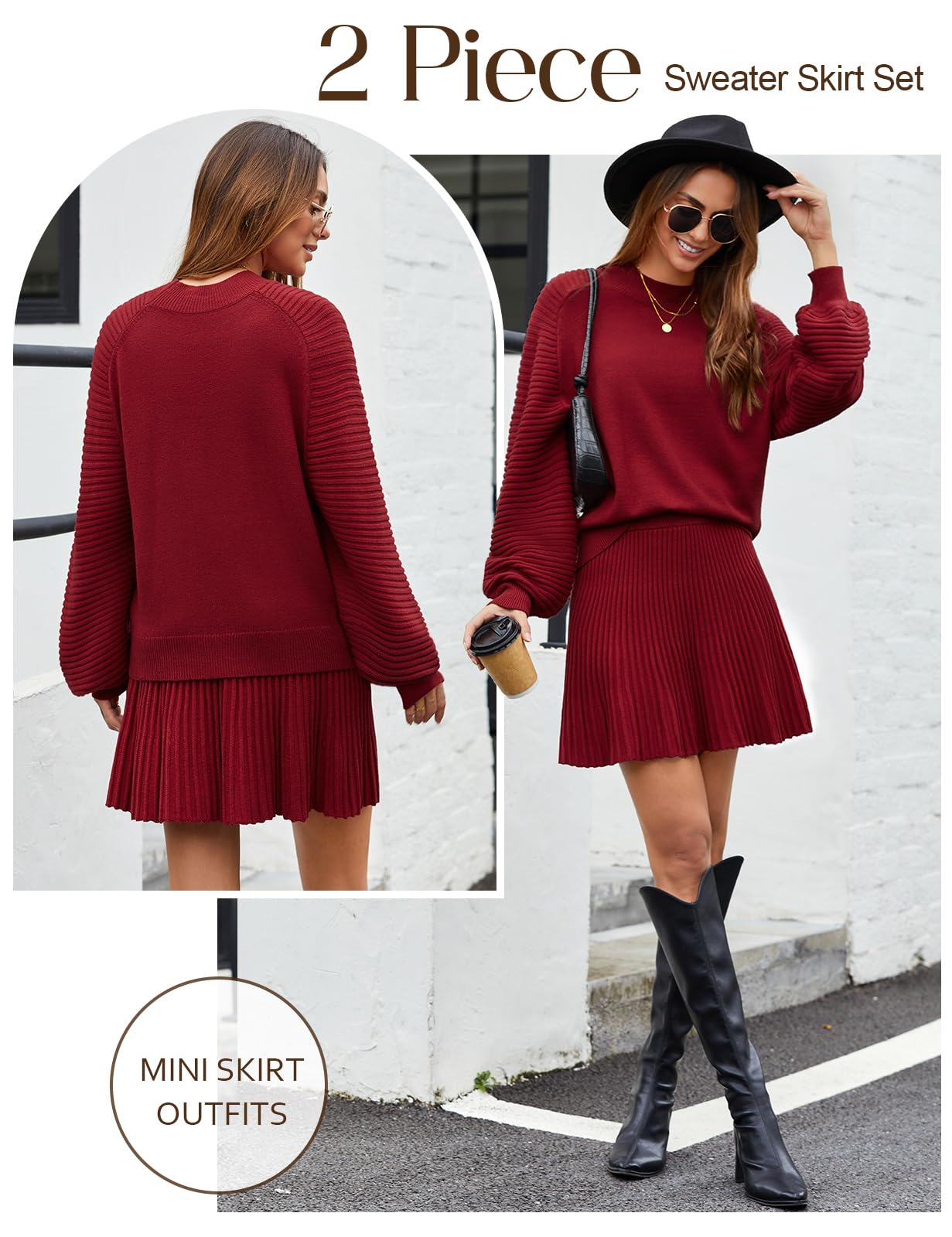 Zweiteiler Damen Strick Pullover Sets Herbst | Strickpullover Top A-Linie Minirock Set , Oberteil Langarm, Hohe Taille Kurz Rock, Loungewear Set, Hausanzug, Herbst, Winter