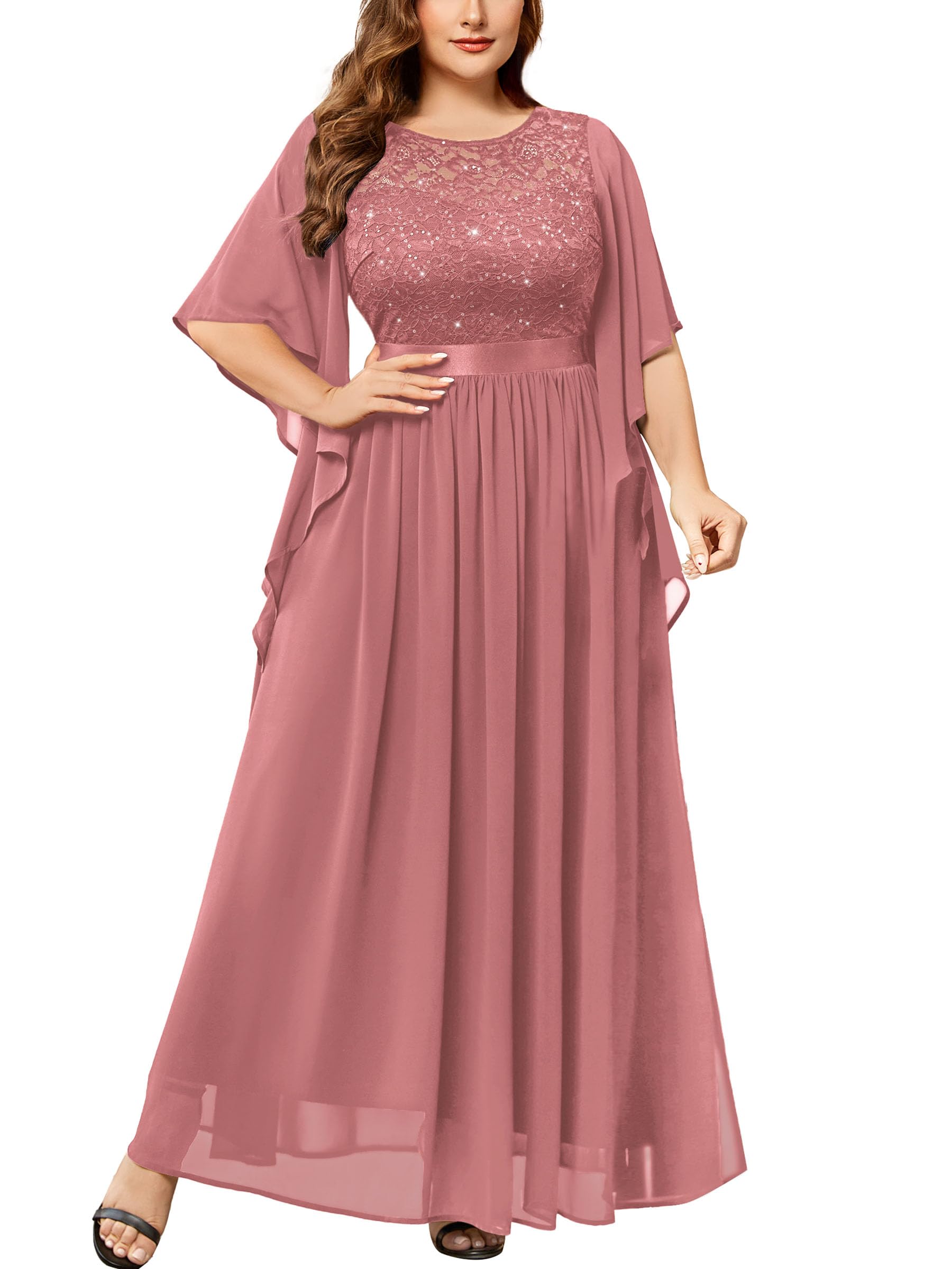 Women's Plus Size Elegant Butterfly Sleeve Chiffon Sequin Lace Bodice Evening Party Long Dress