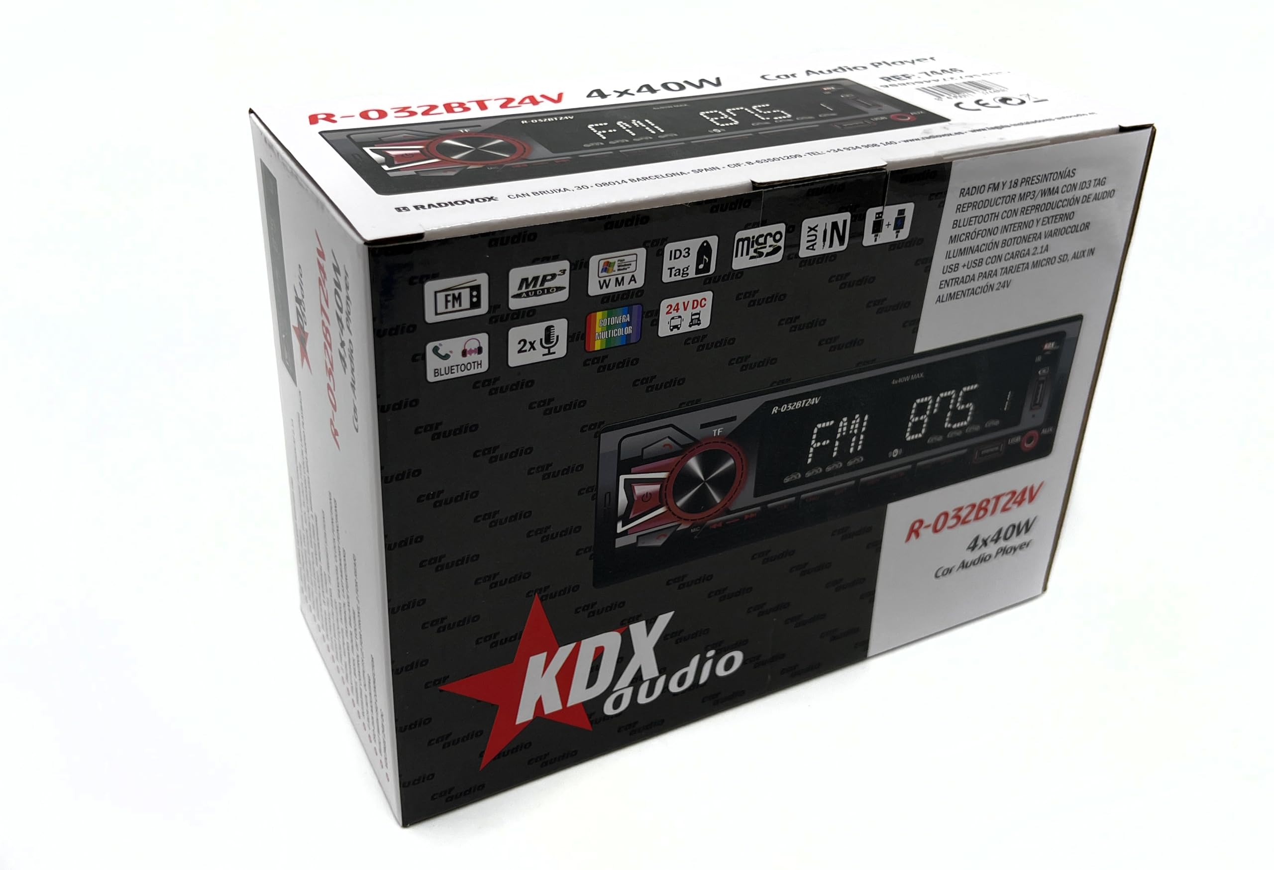Autoradio para Coche KDX-Audio R-032BT24V. Reproductor MP3/WMA con Bluetooth Manos Libres y Stream de Audio. Iluminación botonera Variable. USB en Panel Frontal con función de Carga y Voltaje 24V