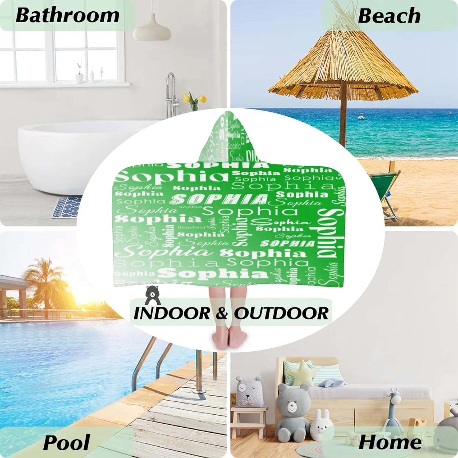 Custom Name Beach Towel with Hood for 3-10 Years Boys and Girls, Personalized Hooded Towels Bath Robe for Kids, Grass Green Gradient Children's Hooded Bath Towel