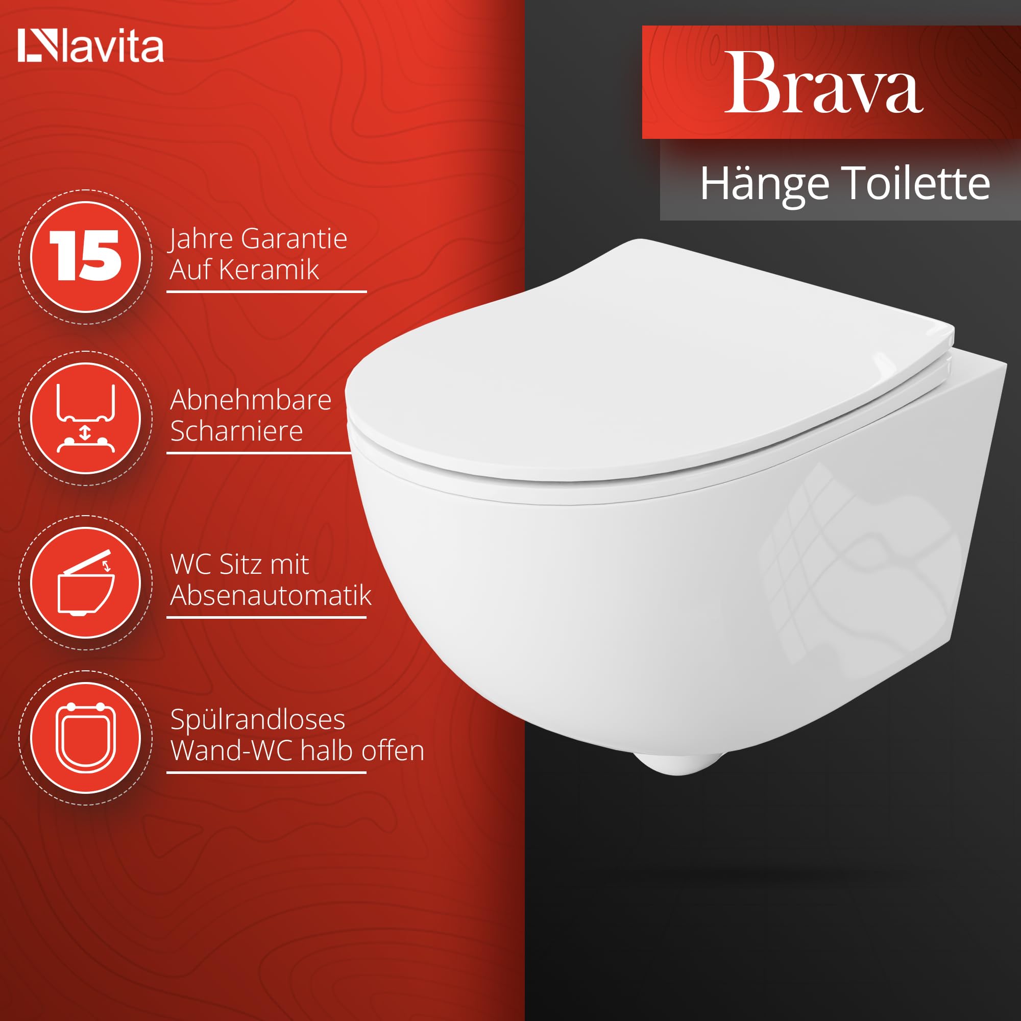 Duofix - Inodoro básico de pared + fregadero profundo de pared Brava blanco sin bordes + placa de control Delta 25 | Botón negro | Juego completo | cisterna empotrada | inodoro completo
