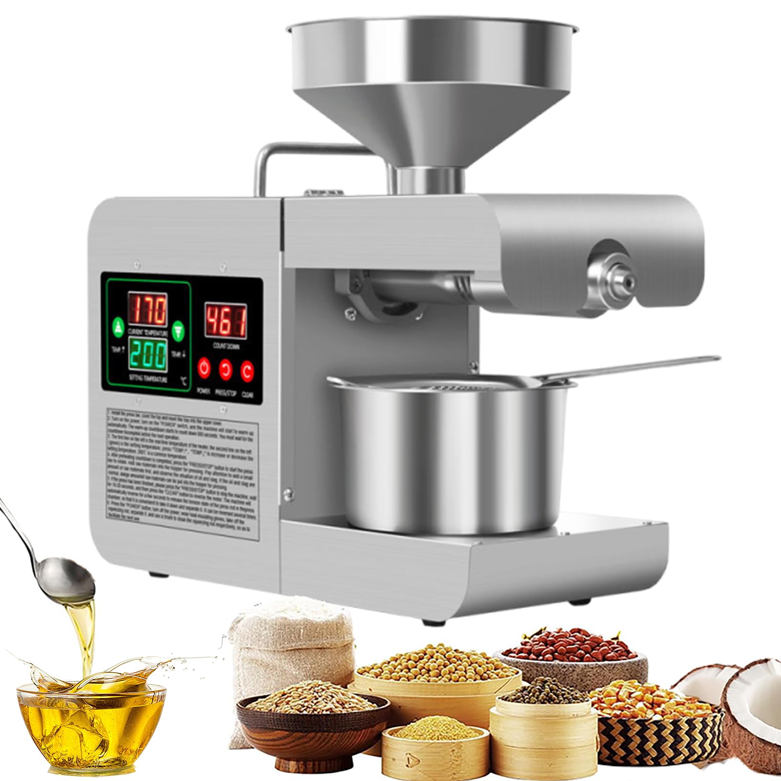 Extractor de Aceite de Acero Inoxidable de 820 W, Máquina automática de prensado de aceite, Prensa de Aceite eléctrica, Prensa en Frío y caliente para Cacahuetes, Girasoles, Aceitunas, 220V