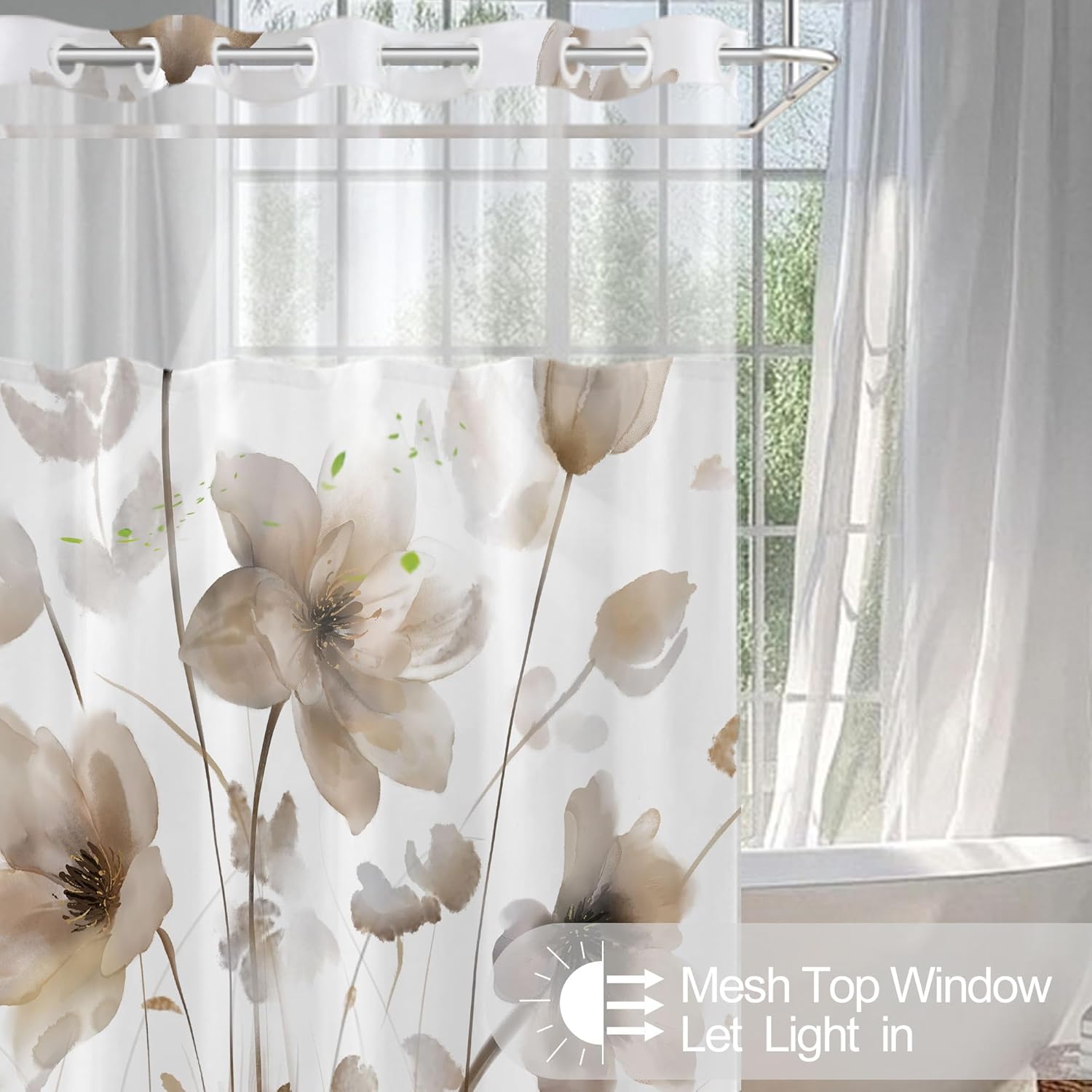 No Hook Shower Curtain and Liner Set, Brown Boho Floral Shower Curtains for Bathroom, Watercolor Flower Waterproof Bathroom Curtain Sets with Snap in Liner, 71x74 Inch